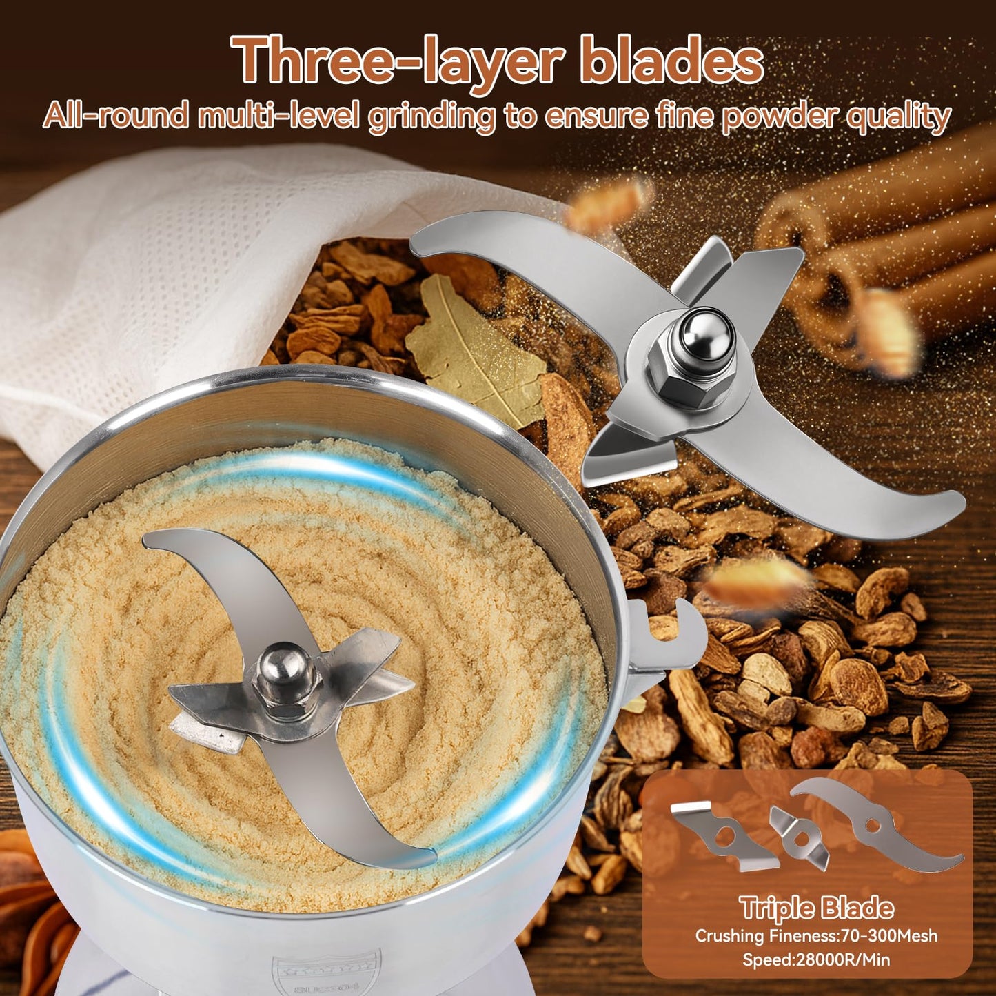 Electric Grain Mill Grinder - 2000W High-Speed 750g 304 Stainless Steel Professional Grain Mill & Spice Grinder for Kitchen and Coffee Shop - Grinds Grains, Coffee, and Dry Spices with Easy Operation
