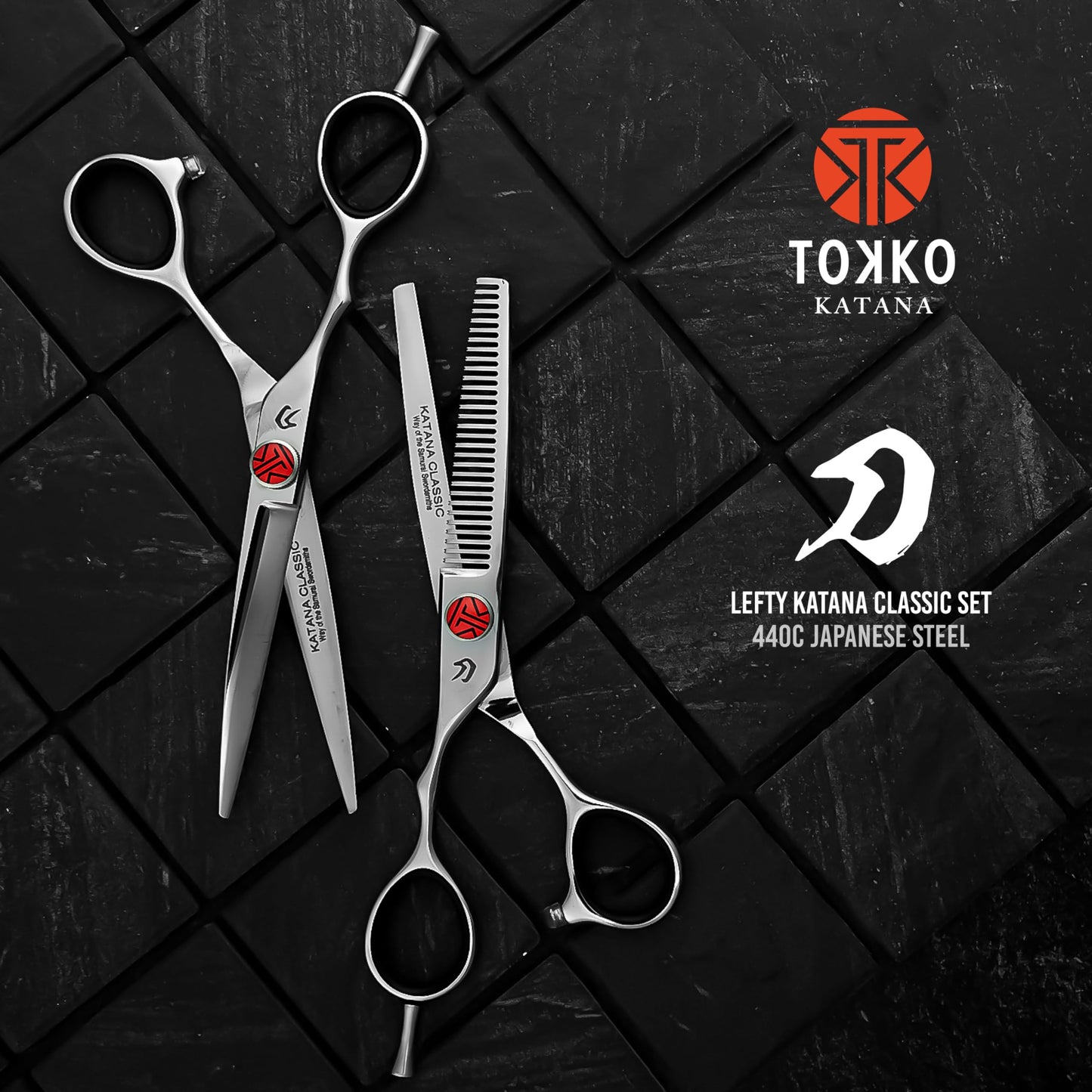 Katana Classic Left Handed Professional 6.5" Lefty Hair Shear Set by Tokko Shears, 440C Japanese Steel Left Hand Haircut Regular & Thinning Scissors for Barbers and Salon Professionals