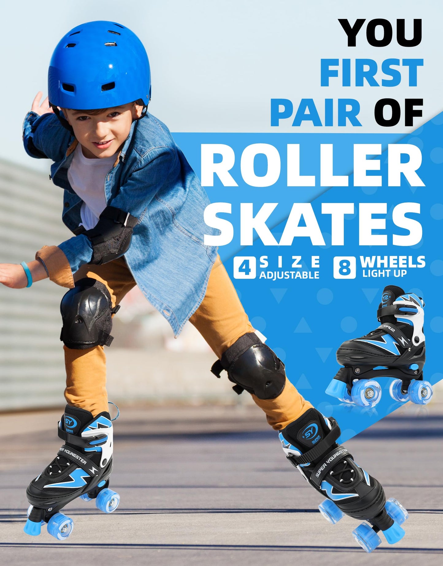 SUPER YOUNGSTER Adjustable Roller Skates Boys Kids Ages 5-8 8-12 Roller Skates Girls with Light up Wheels, Fun Rollerskate for Youth Toddlers
