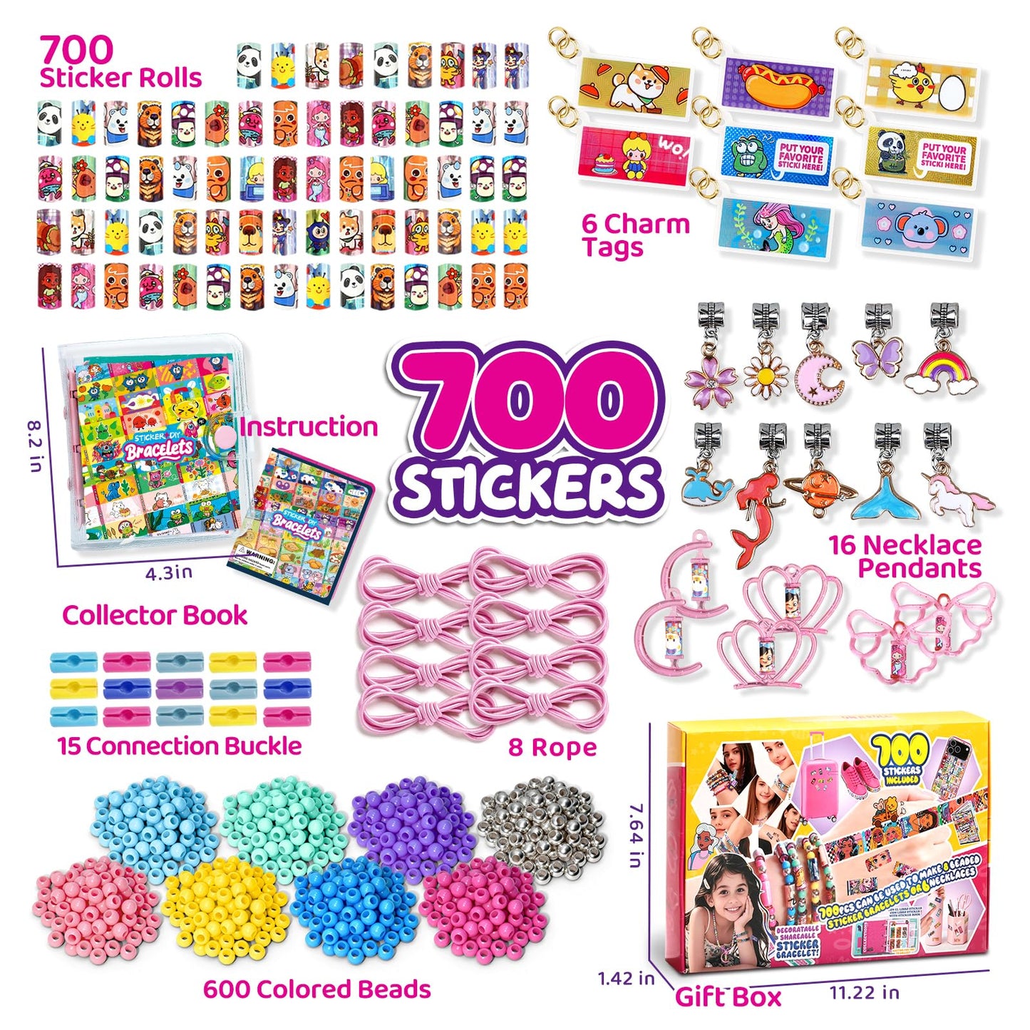 jhtigre Sticker Bracelet for Kids,Bracelet with 700pcs Shareable Sticker 14 Fun Pendants & Collection Book,Arts and Craft Stickers for Girls Birthday Gift, Jewelry Making Bracelets Kit