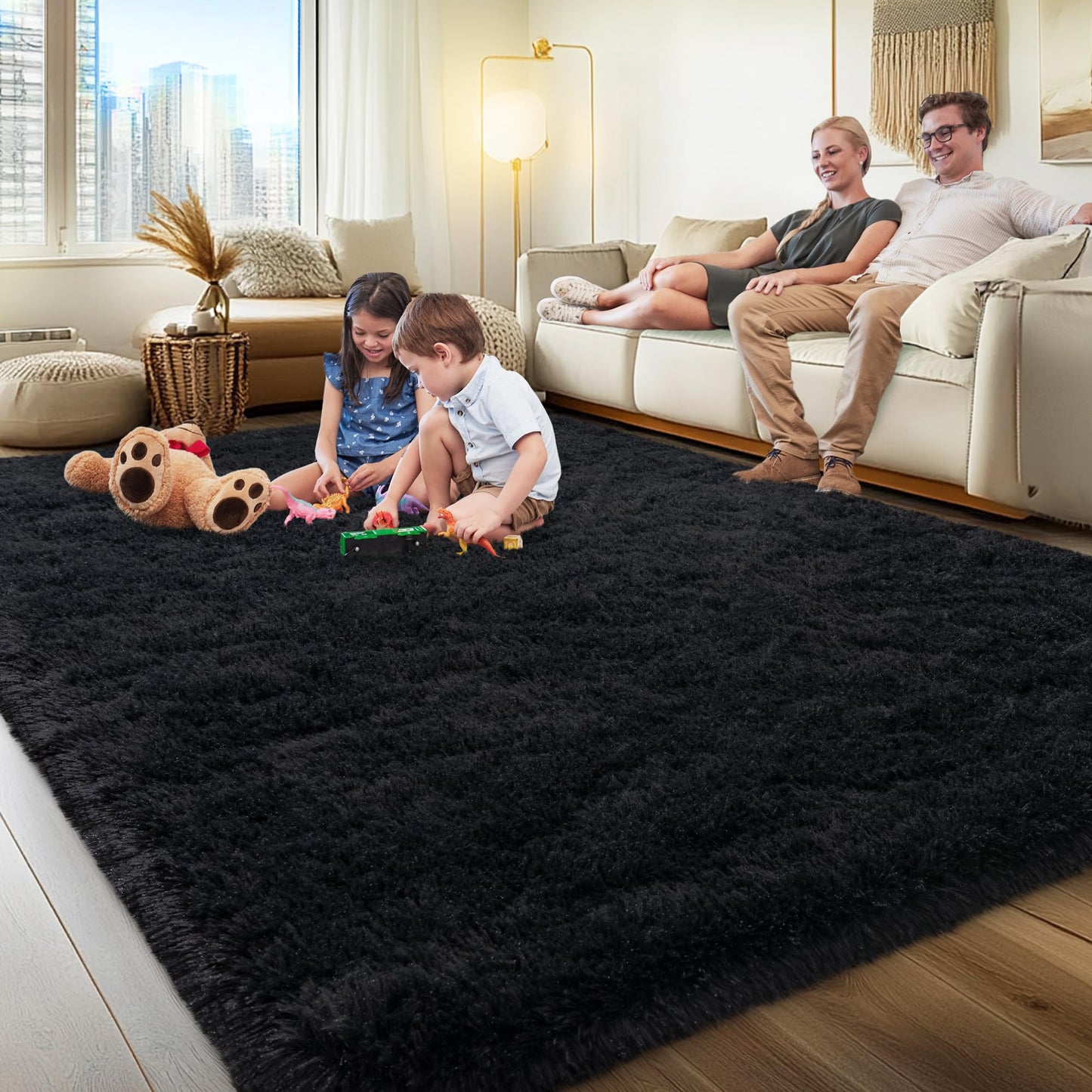 AAFKK 8x10 Area Rugs for Living Room, Black Fluffy Shaggy Rug Soft Carpets, Big Rugs for Bedroom Nursery Kids Room Dorm Home Decor Aesthetic