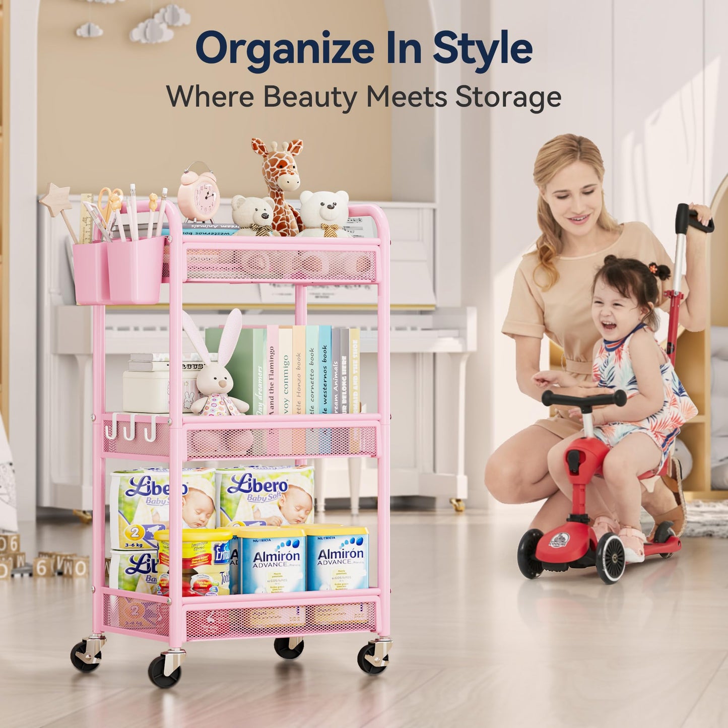 YASONIC 3 Tier Rolling Cart – Metal Utility Storage Cart with Wheels, Craft Cart Organizer with Hanging Cups, Hooks, Mesh Basket for Bedside Kitchen Office Art, Pink