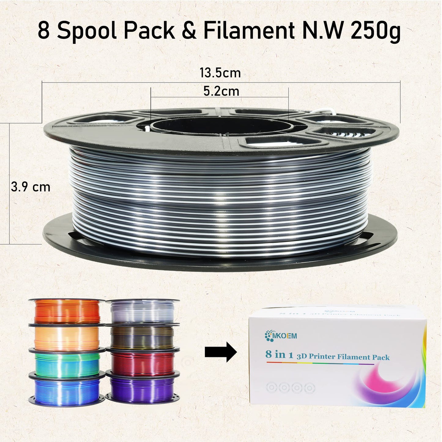 8 Spools Dual Color Silk PLA 3D Printer Filament Bundle, Silk White/Black, Red/Black, Gold/Black, Purple/Black, Purple/Blue, Red/Gold, Green/Blue, Yellow/Pink, 1.75mm Bicolor Silk PLA 250gX8