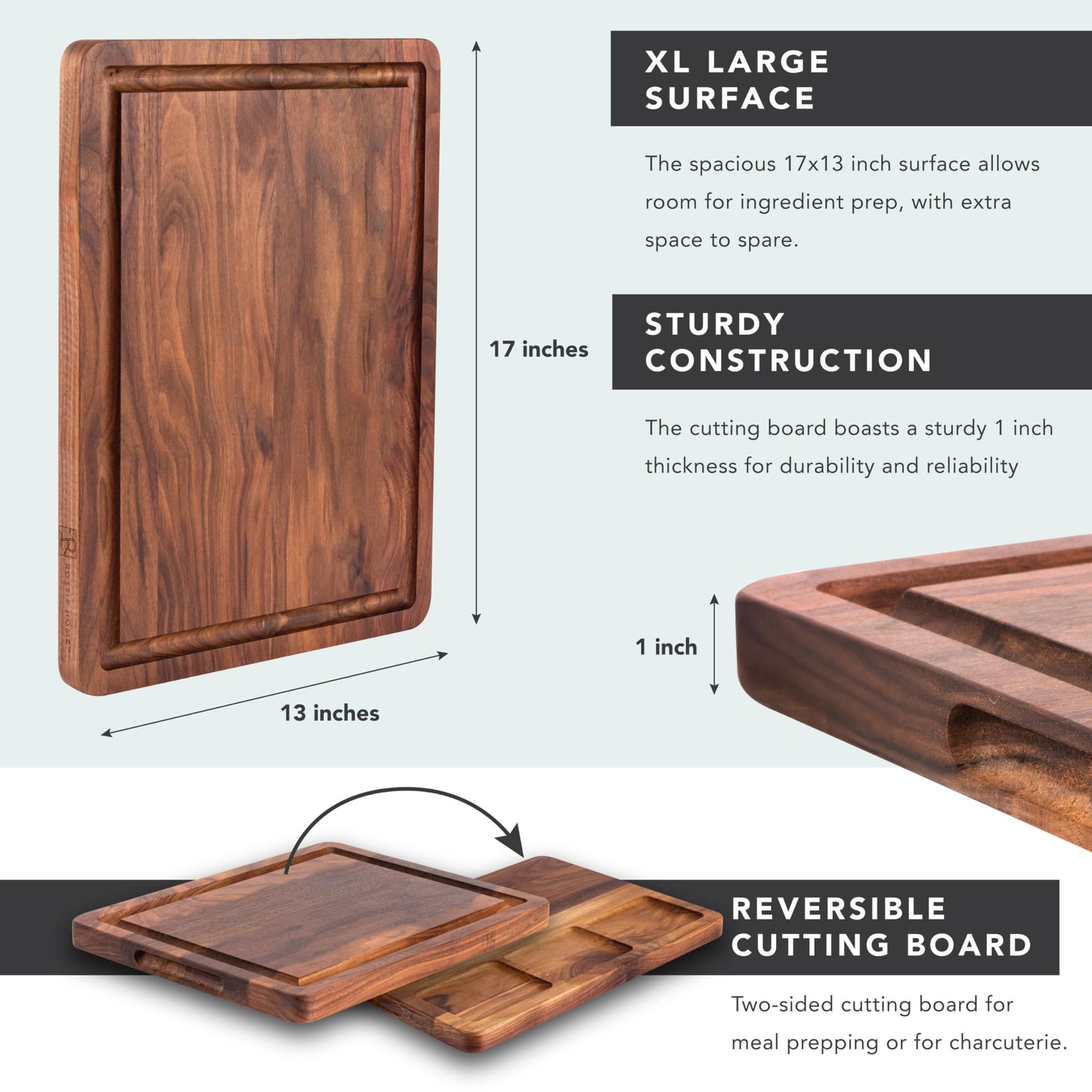 ROSSIE HOME Wood Cutting Board, Heavy-Duty, Pre-Oiled, Reversible Charcuterie Board with Juice Groove, Divided Wells, and Carrying Handles for Kitchen - Black Walnut - 17x13 Inch - Style No. 60534