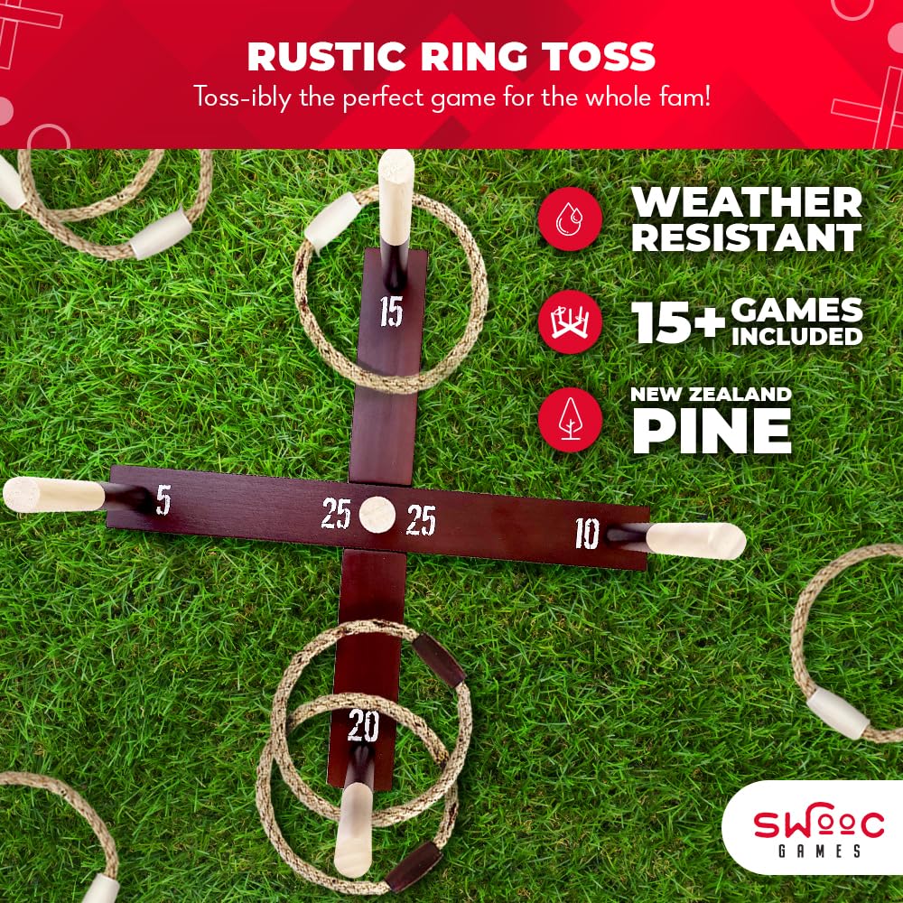 SWOOC Games - Rustic Ring Toss Game (All Weather) - Easy Setup & Extra Games Included - Outdoor Ring Toss Game for Adults and Kids - Yard Activity For Adults - Oversized Lawn Activity - Rope Throw Set