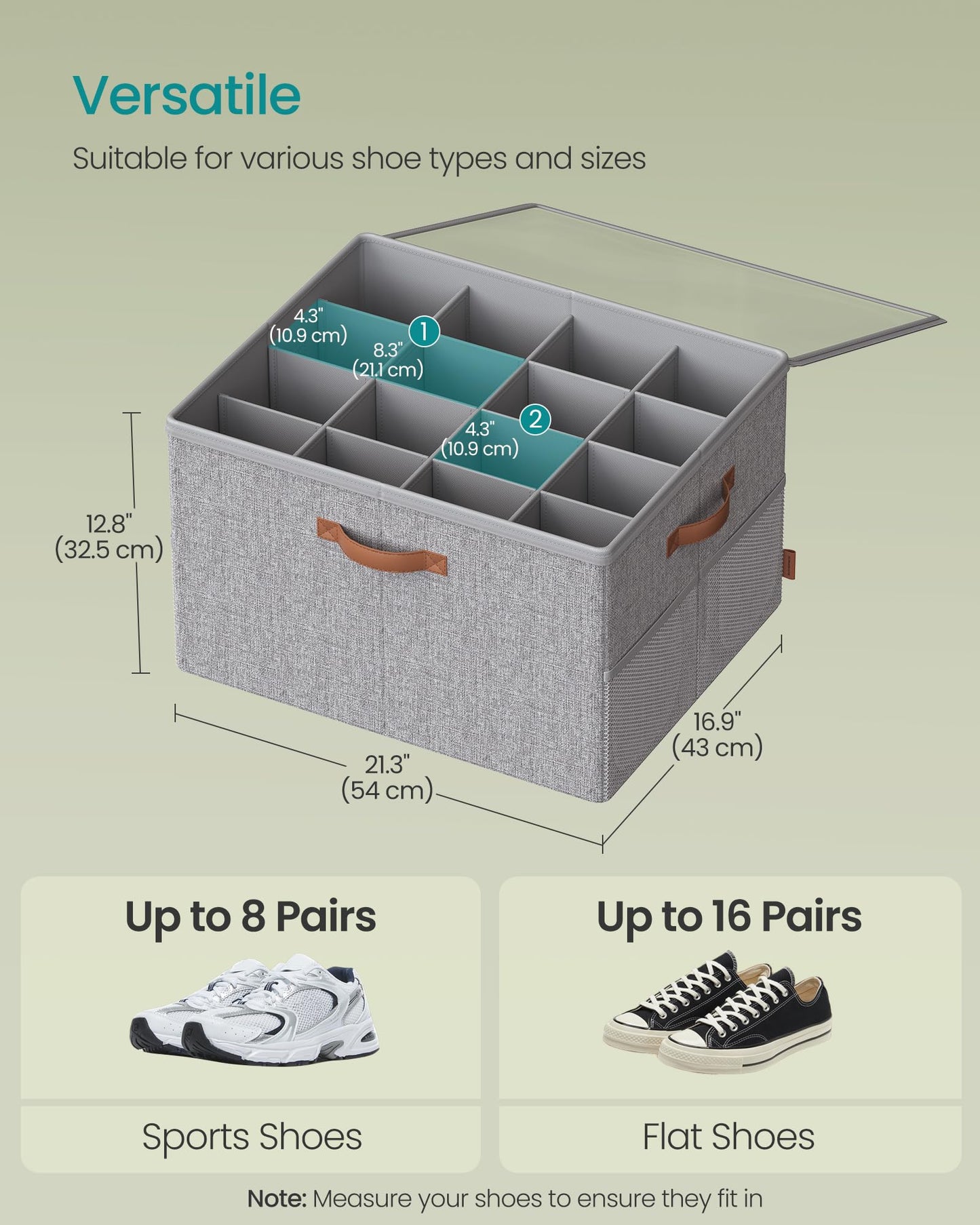 SONGMICS Shoe Organizers for Closet, Pack 2 Shoe Storage Bins, Fits 32 Pairs, Fabric Containers with Handles and Clear Cover, Adjustable Dividers, Customizable, Dove Gray ULSP556G01