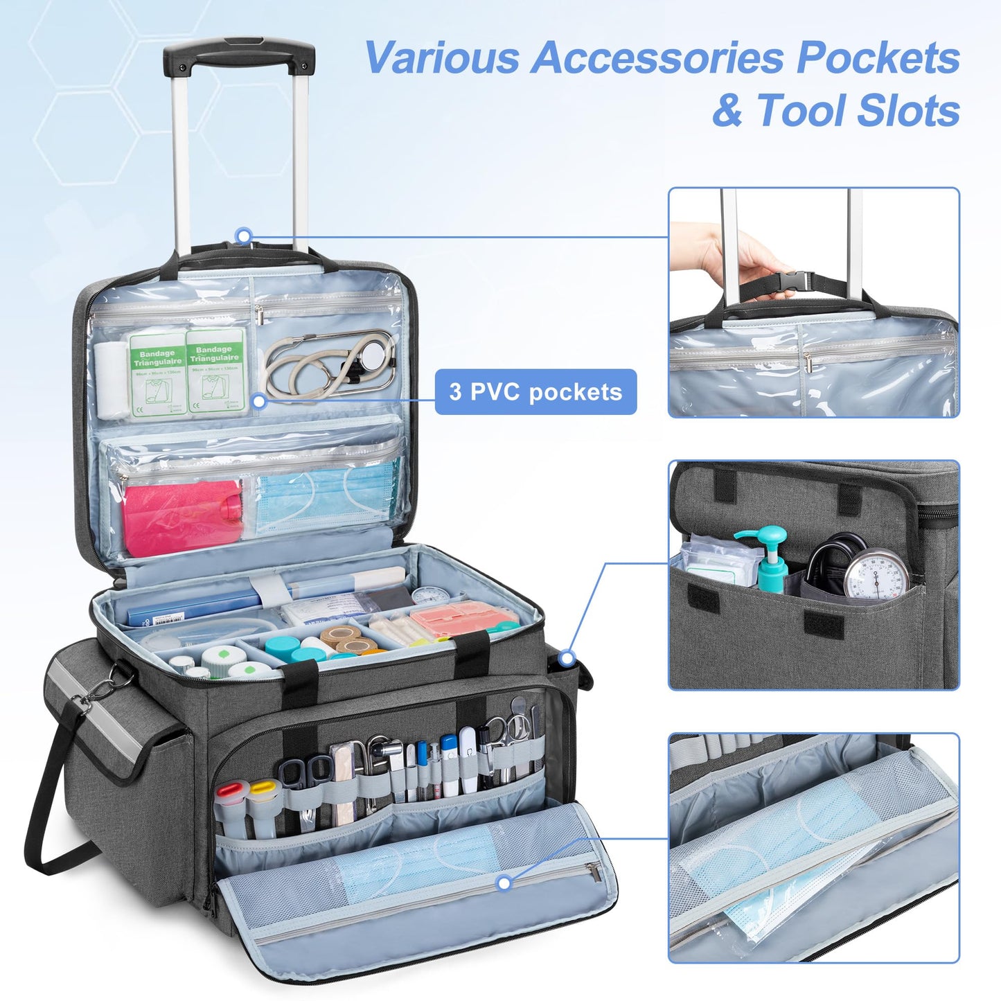 Trunab Medical Bag on Wheels with Detachable Trolley, Rolling Nurse Tote with Removable Dividers, First Responder Bag Empty with Adjustable Shoulder Strap for Nurse, Doctor, BAG ONLY