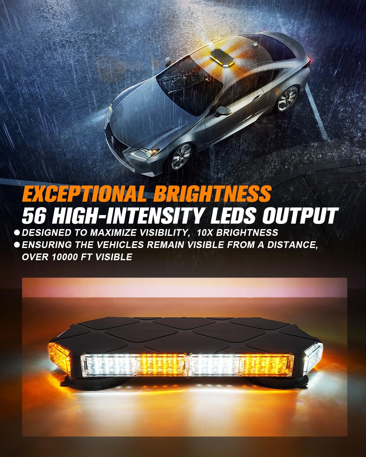 LUMENIX 56 LED Roof Top Strobe Beacon Lights Bar Rooftop Hazard Warning Emergency Safety Flashing Plow Light for Construction Vehicles Tow Commercial Trucks Postal Security Cars Snowplow - Amber White