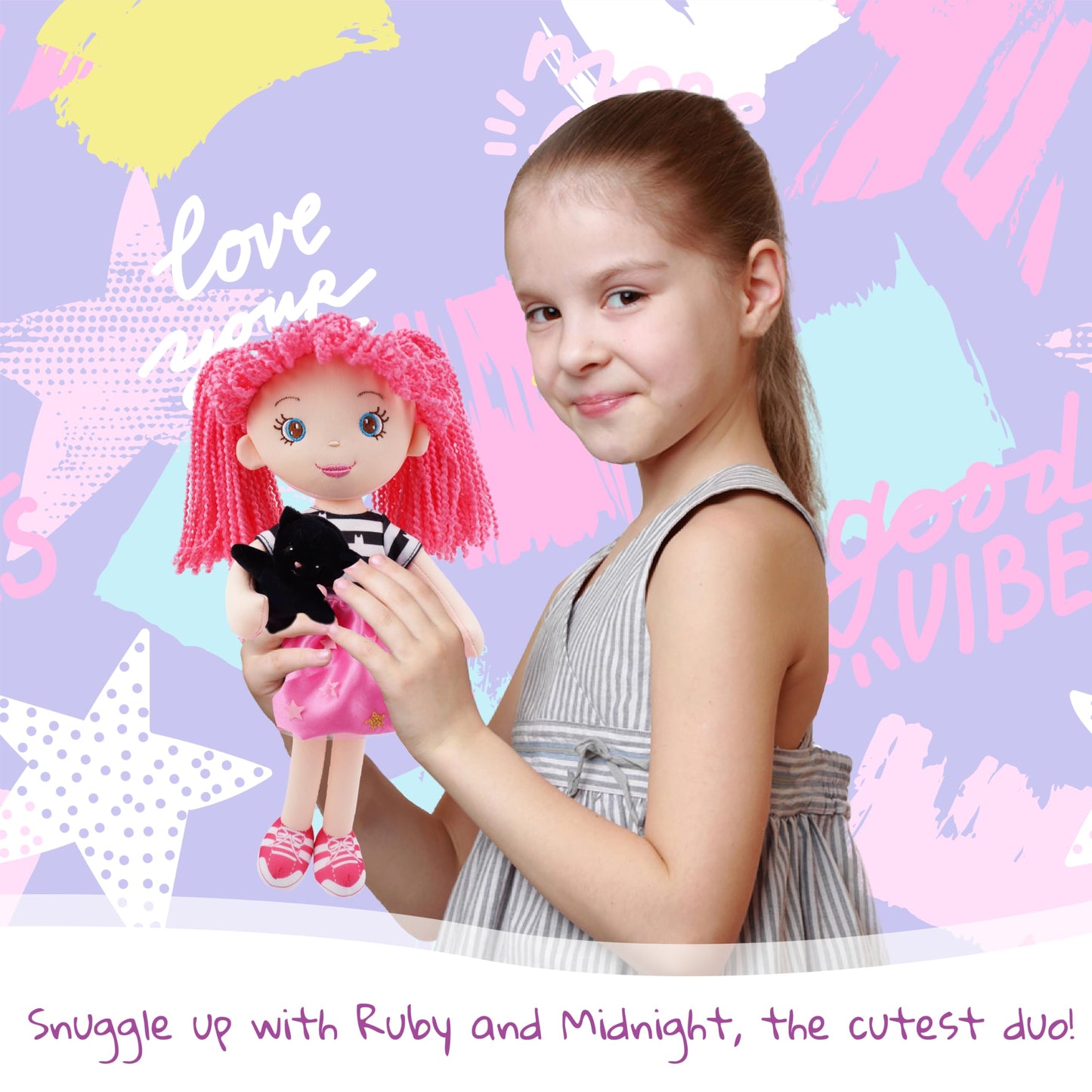 June Garden 15" Playmate Buddies - Plush Doll Mia with Her Stuffed Animal Companion Flamingo Rosie for Kids