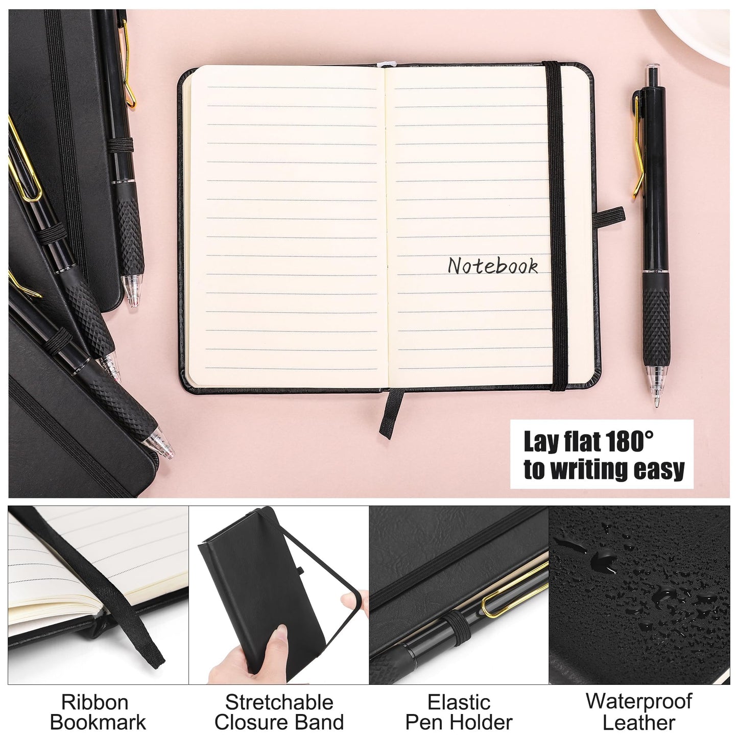 Aodaer 50 Sets Pocket Notebook Journal with Pens, 160 Pages, 3.5 x 5.5 Inch Mini Lined Journal Notebook A6 Leather Hardcover College Ruled Notepad with Pen Holder for School Office Gifts, Black