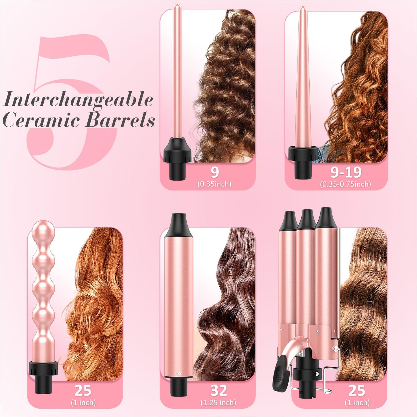 MOCEMTRY 5 in 1 Curling Wand Set with 3 Barrel Hair Crimper for Women,Fast Heating Hair Wand Curler with Two Temp Control. (C528)