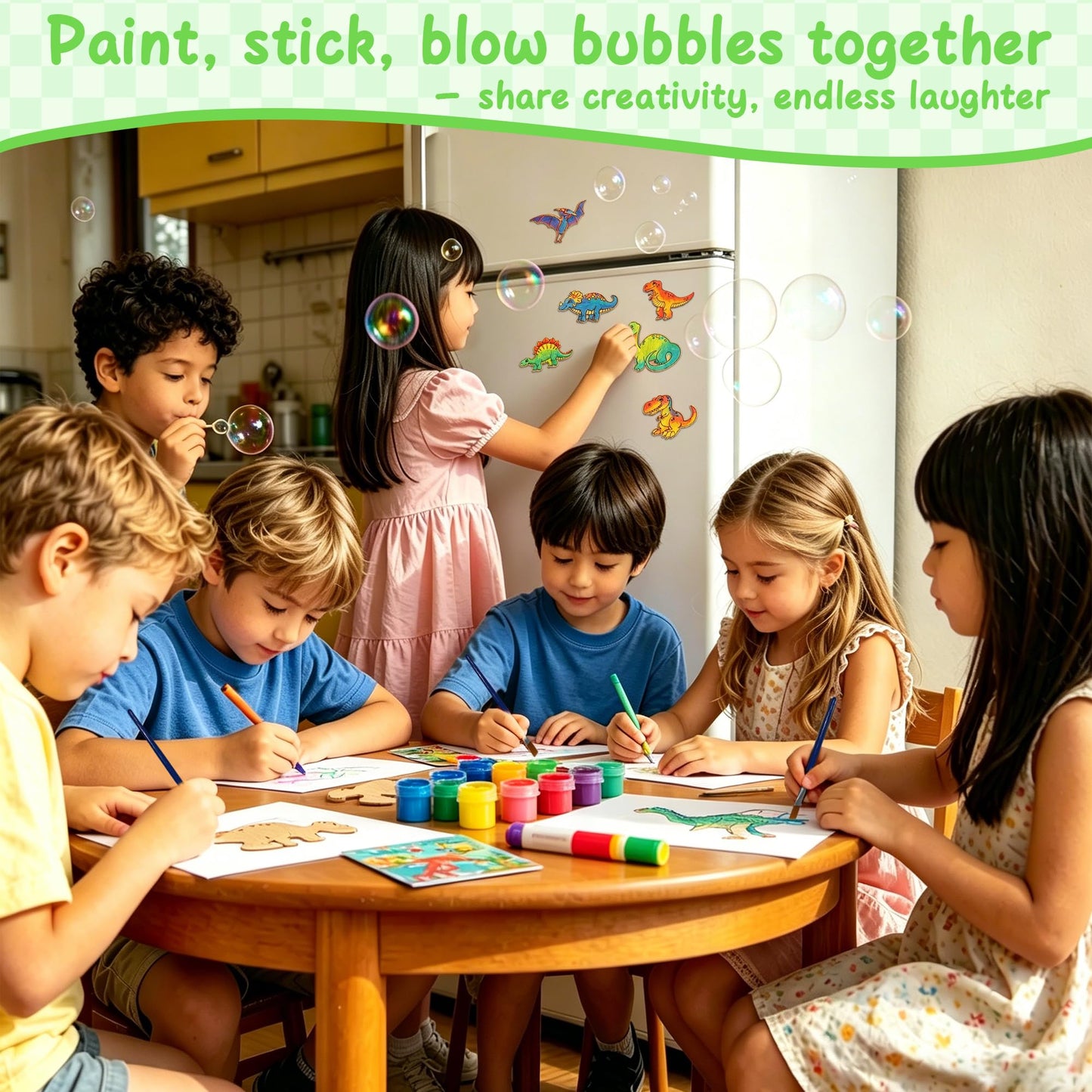 HandTool Dinosaur Party Favors for Kids,Dino Party Favors with 24PCS Wooden Dinosaur Crafts to Paint,Paint Sets,Bubble Wands,Magnets,DIY Cards and OPP Bags,Birthday Supplies for Kids Classroom Rewards