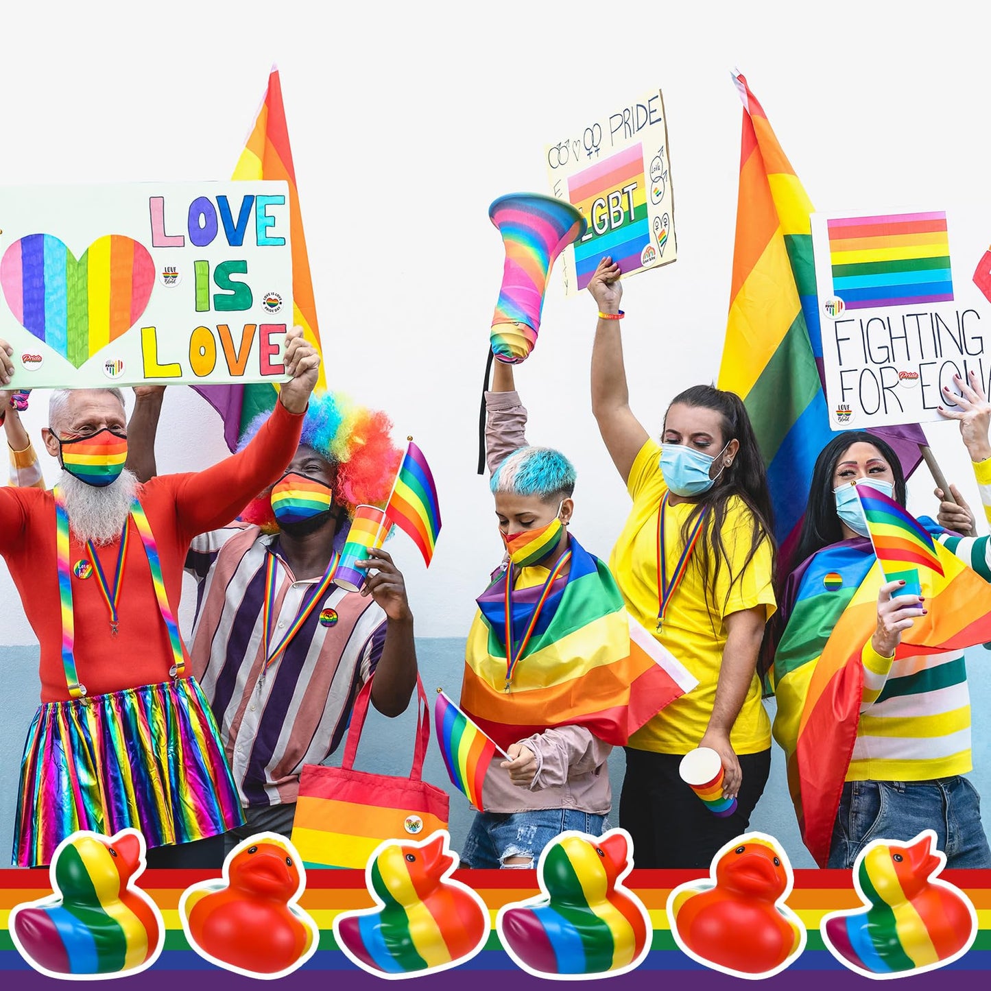 RoundFunny 1120 Pcs Rainbow Gay Pride Items Set Include Rainbow Rubber Ducks Flags Stickers Buttons Silicone Bracelets Lanyards Safety Buckles Keychains for Pride Day Month Party Accessories Supplies