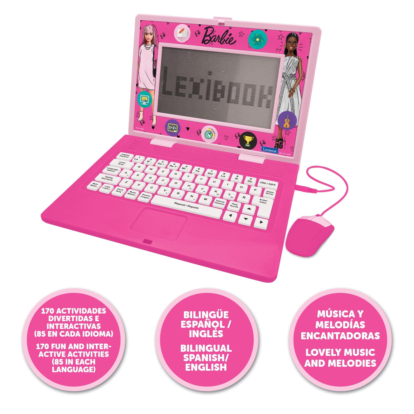 Lexibook, Barbie, Bilingual and Educational Laptop Spanish/English, Toy for Children, 170 Activities to Learn, Play Games and Music, Large Screen, Pink, JC599BBi2