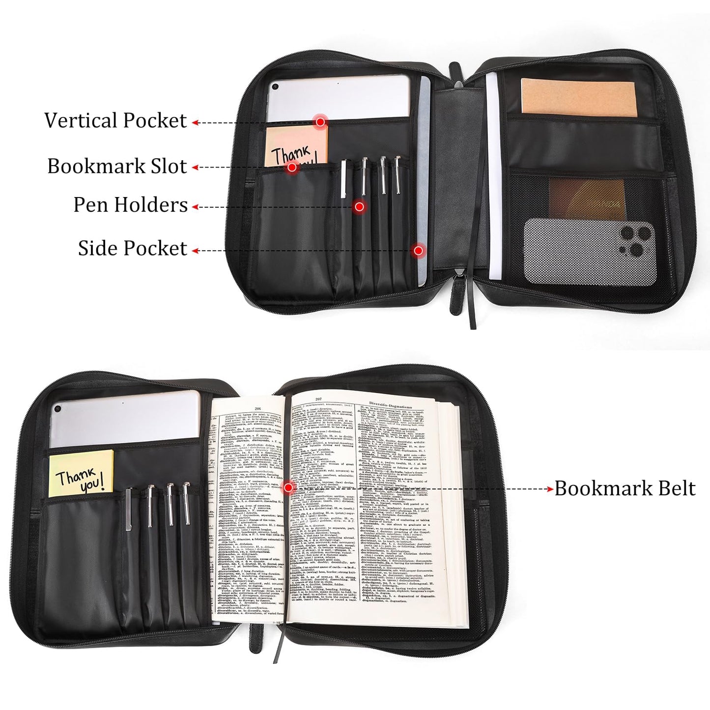 Polare Napa Leather Bible Cover Church Bag Bible Protective Book Holder Carrying Case Folder Organizer Portfolio, Black
