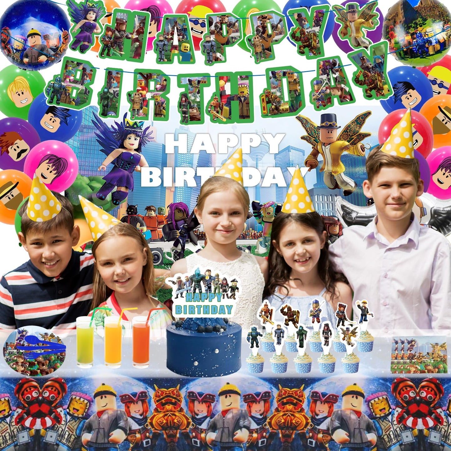 Birthday Party Decorations - Theme Children's Party Supplies Included Happy Birthday Banner, Backdrop, Hanging Swirls, Tablecloth, Cupcake Cake Toppers, Tableware set, Latex and Foil Balloons