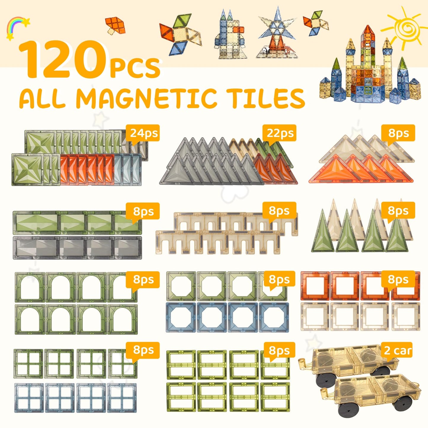 120 PCS Magnet Tiles, Brown Magnetic Blocks Building Set for Kids Age 3-5 4-8, STEM Magnet Toys 3D Kids Magnets Preschool Educational Learning Toys for Boys and Girls Ages 3 4 5 6 7 8+ Years Old