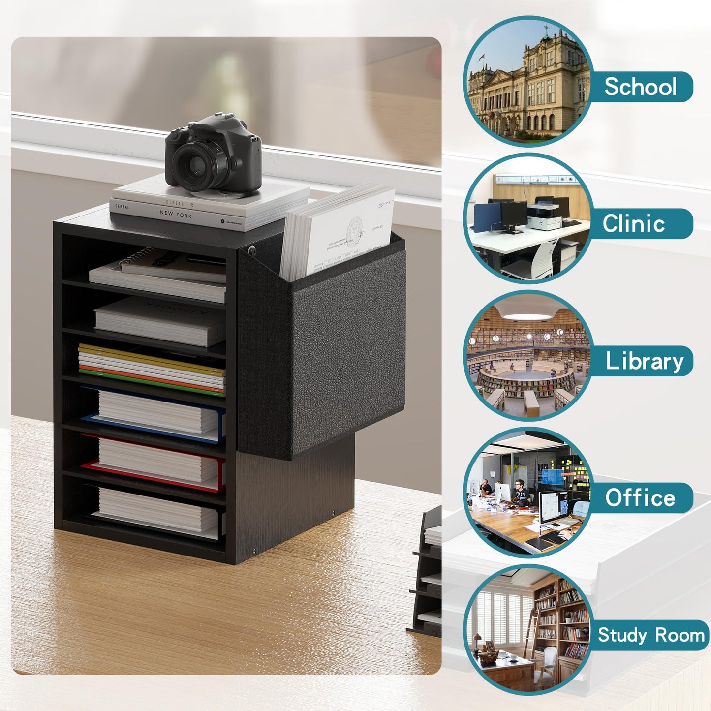 Unionly, Literature Organization Paper Storage Slot, Office Desk File Organizer, Desktop Wood Mailbox For Teacher Classroom, 6 Tier Adjustable Countertop Mail Sorter, Mailboxes With Name Slots, Black