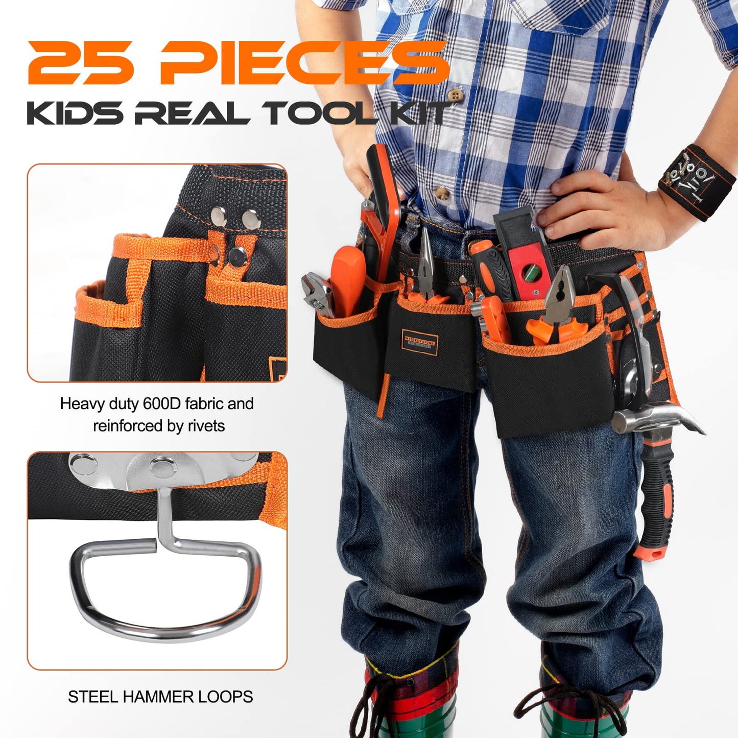 R RECOMFIT 25 Pieces Kids Real Tool Kit Children Real Tool Set with Real Hand Tools, Kids Tool Belt, Pouch Bag,Magnetic Wristband for Small Hands DIY Woodworking Projects Home Repair