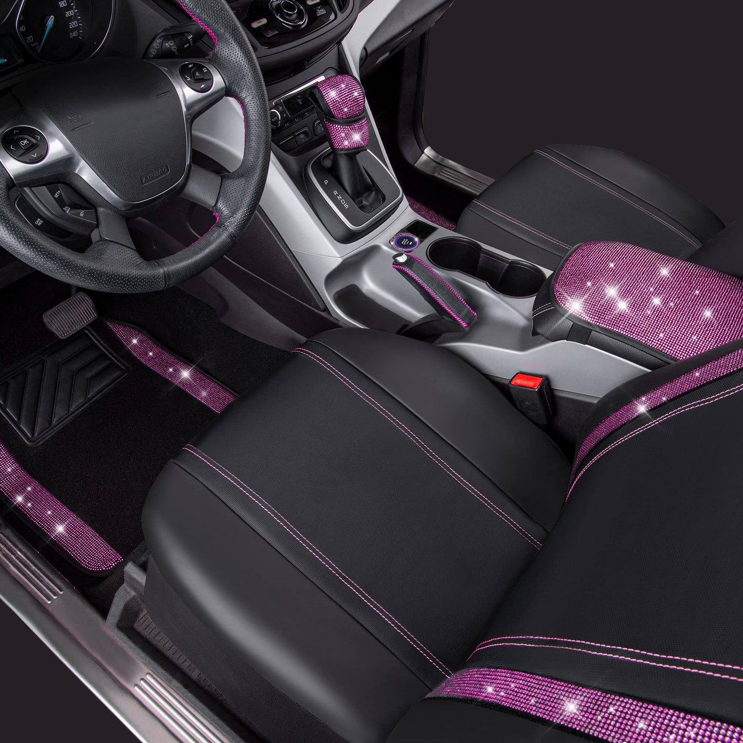 CAR PASS Bling Rhinestone Car Seat Covers Leather Shining Diamond Car Floor Mats Carpet with Anti-Slip Nibs Bling Diamonds Car Accessories Sets Pink Glitter Crystal Diamond Combo Set