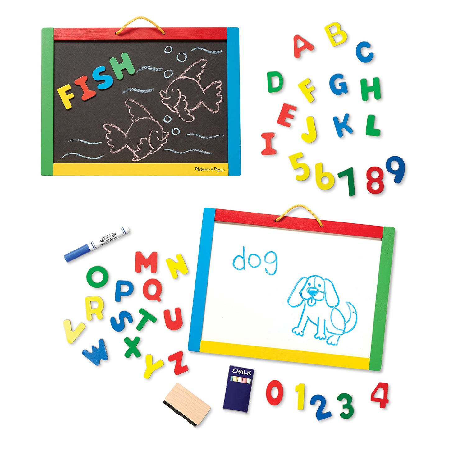 Melissa & Doug Magnetic Chalkboard and Dry-Erase Board with 36 Magnets (Numbers and Uppercase Letters), Chalk, Eraser, and Dry-Erase PenLetters and Numbers Learning Toys, Chalk Board