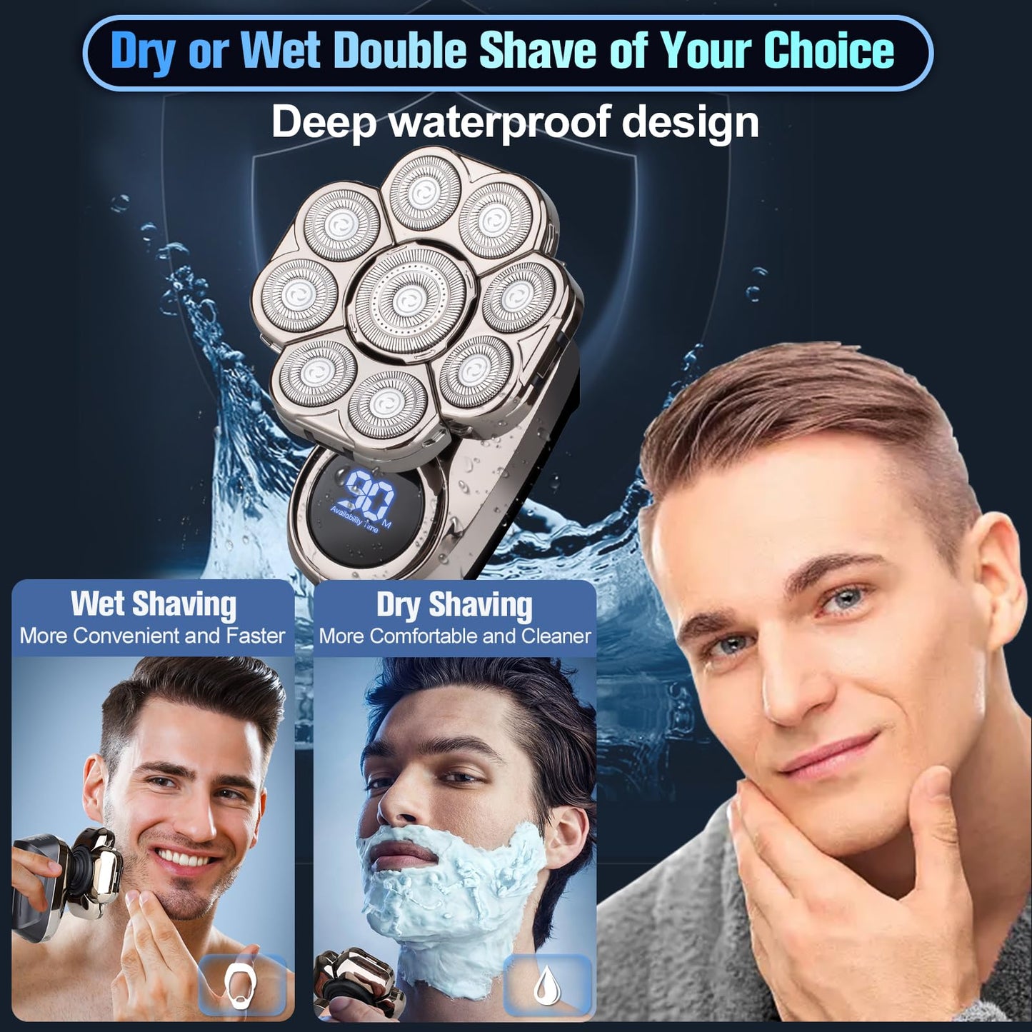 9D Head Shavers for Bald Men, Electric Razor for Men to Shave Fast with LED Display, Cordless Rechargeable, IPX7 Waterproof Wet/Dry Rotary Shaver Kit with Nose Hair Trimmer Shaver, Gift for Men
