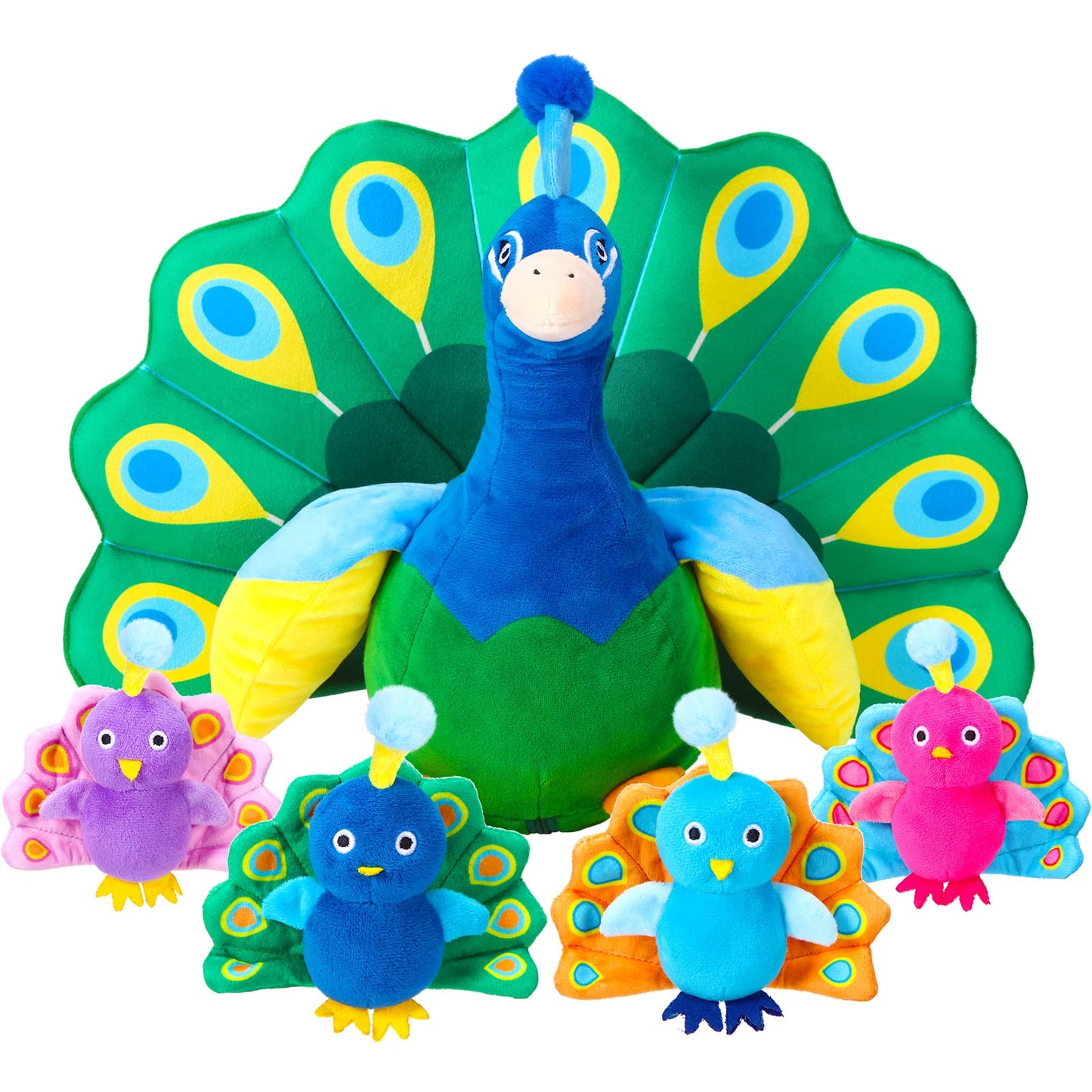 18 Inches Plush Peacock Stuffed Animal Tummy Carrier with 4 Little Plush Peacock Inside Its Zippered Tummy Peacock Cuddly Toy Soft Toy Animals for Birthday Gifts Zoo Party Decor