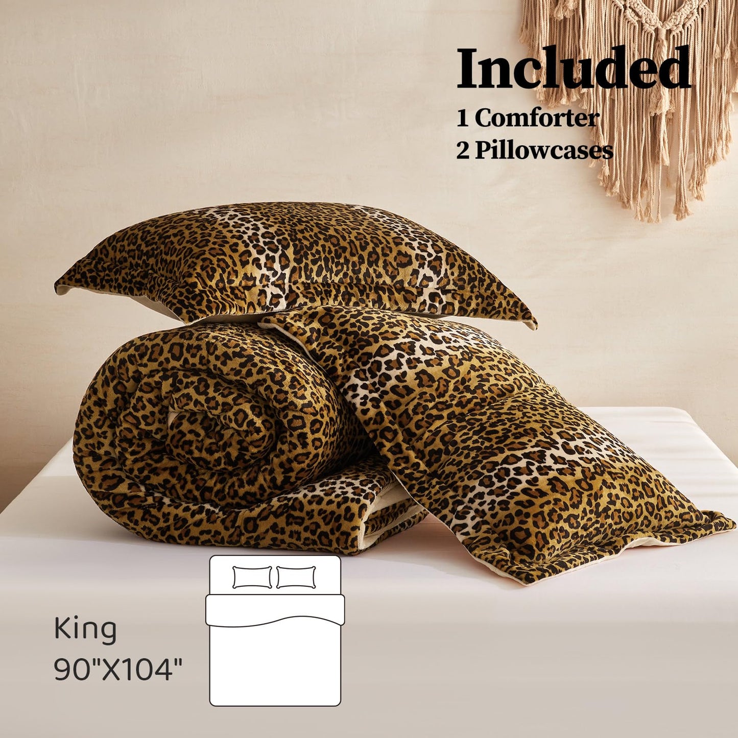 Petrichor Leopard Velvet Flannel King Comforter Set-Cheetah Print Western Blanket,Luxury Fuzzy Heavy Bedding Set,3 Pieces Plush Winter Bed Set with Comforter (90"x104")&2 Pillow Shams (20"x36"