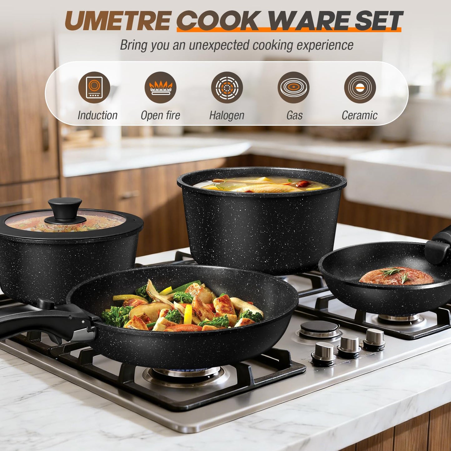UMETRE pots and Pans Set, Nonstick Cookware Set Detachable Handle, Induction Kitchen Cookware Sets with Removable Handle, Non Stick RV Cookware Set, Dishwasher & Oven Safe (21 PCS)