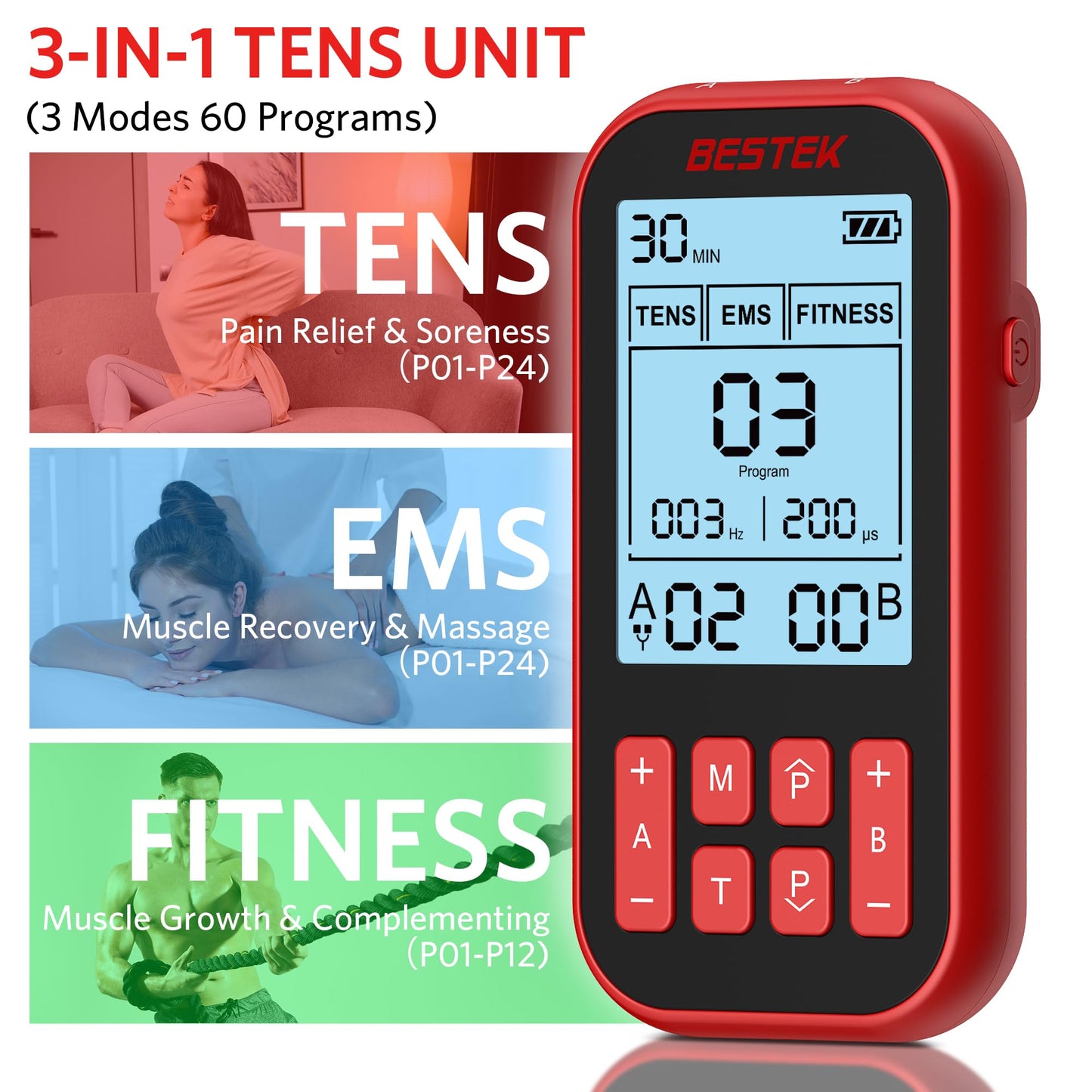BESTEK TENS Unit Muscle Stimulator for Pain Relief – 3-in-1 EMS TENS Machine with 20 Pads, Dual Channel, Rechargeable Massager for Back, Sciatica, Neck, Shoulder, Leg Pain