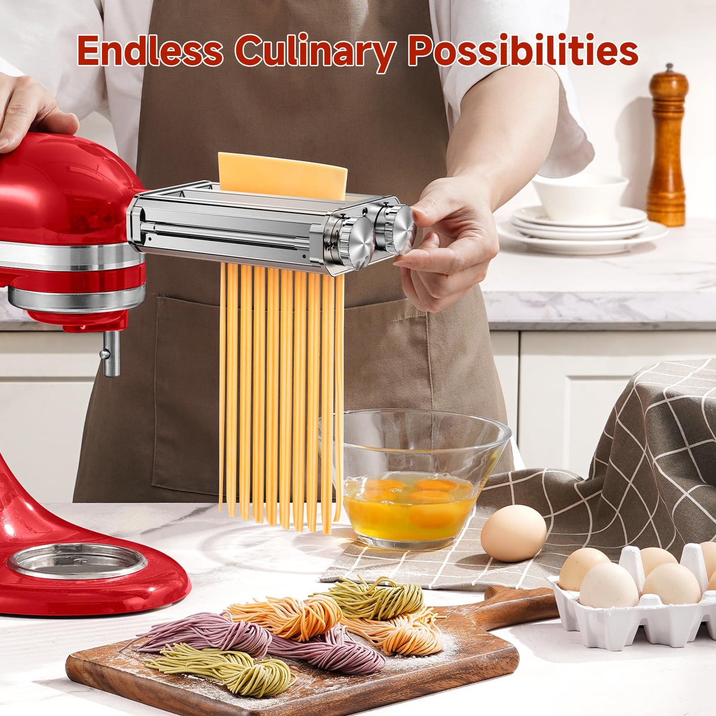 Pasta Maker Attachment for Kitchen Aid Stand Mixers, 304 Stainless Steel, Rust-Proof, 8 Thickness Settings, Easy to Clean, 3 in 1 Accessories for Homemade Spaghetti, Fettuccine, Lasagna