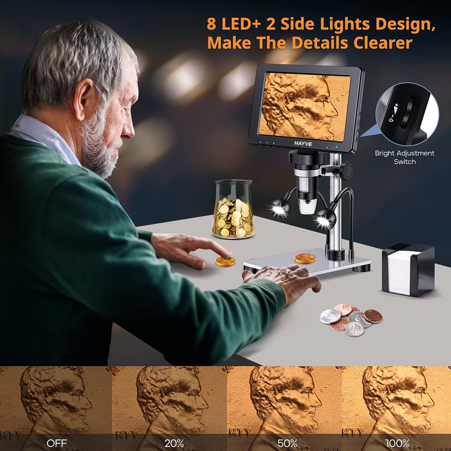 7" LCD Digital Microscope, 1200X Magnification for Coin PCB Circuit Repair Soldering, 12MP Camera Sensor Coin Microscope,32GB TF Card,Wired Remote, 10 LED Light, Compatible with Windows/Mac OS
