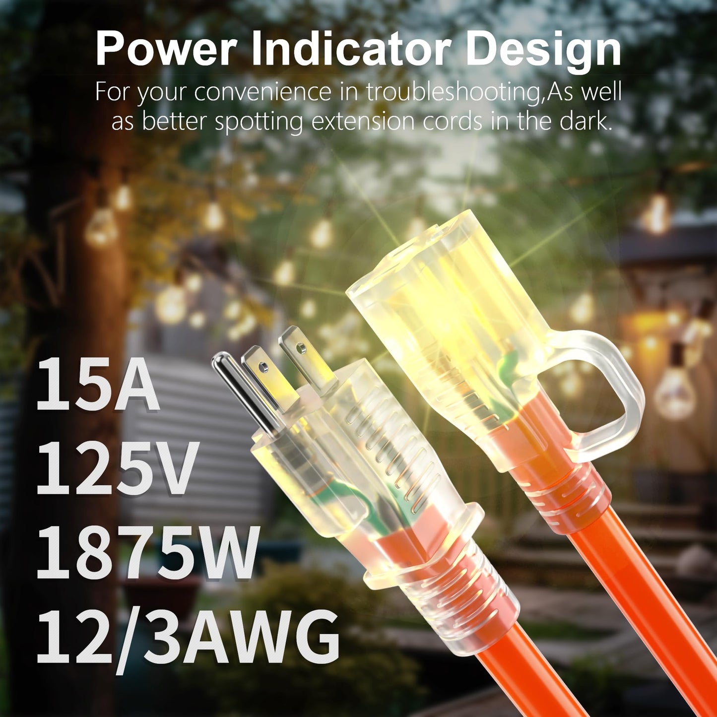 HUANCHAIN 150 ft Outdoor Extension Cord Waterproof 12/3 Gauge Heavy Duty with Lighted end, Flexible Cold-Resistant 3 Prong Electric Cord Outside, 15Amp 1875W 12AWG SJTW, Orange, ETL