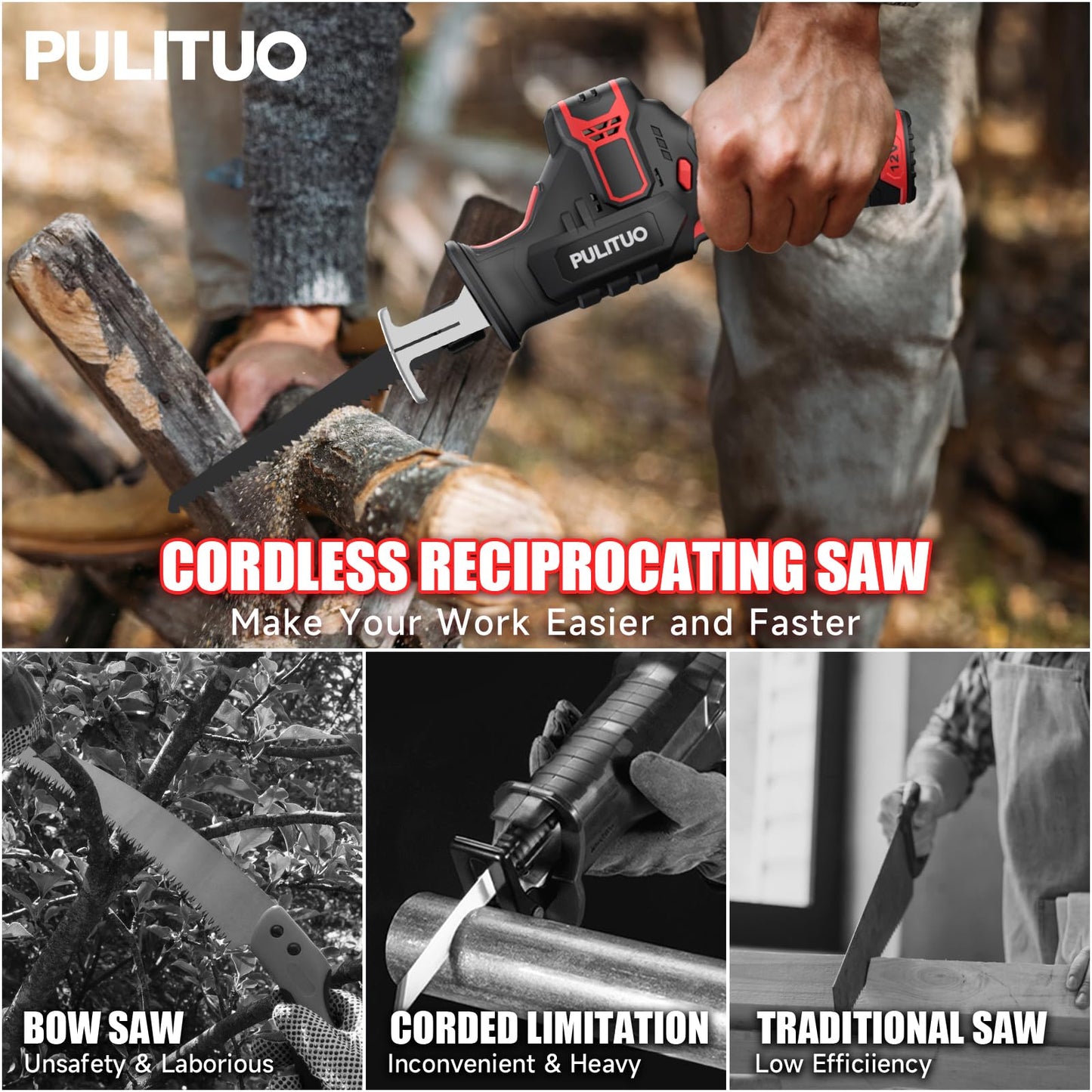 PULITUO Reciprocating Saw Cordless, Power Reciprocating Saws Compact Design,Including 2pcs 2000mAh Li-Ion battery, 1-Hour Fast Charger, Clamp Jaw, 4pcs of Saw Blades for Wood/Metal/PVC