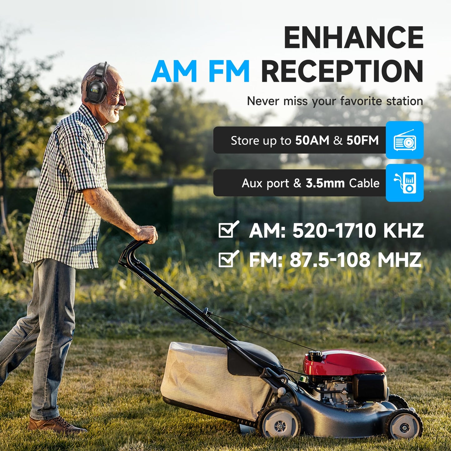 2025 Bluetooth 5.4 AM/FM Radio Ear Protection Headphones with Backlit Digital Display/Mic, 120H Working Time, Rechargeable, 30dB Noise Reduction Safety Earmuffs for Lawn Mowing, Workshop - Black