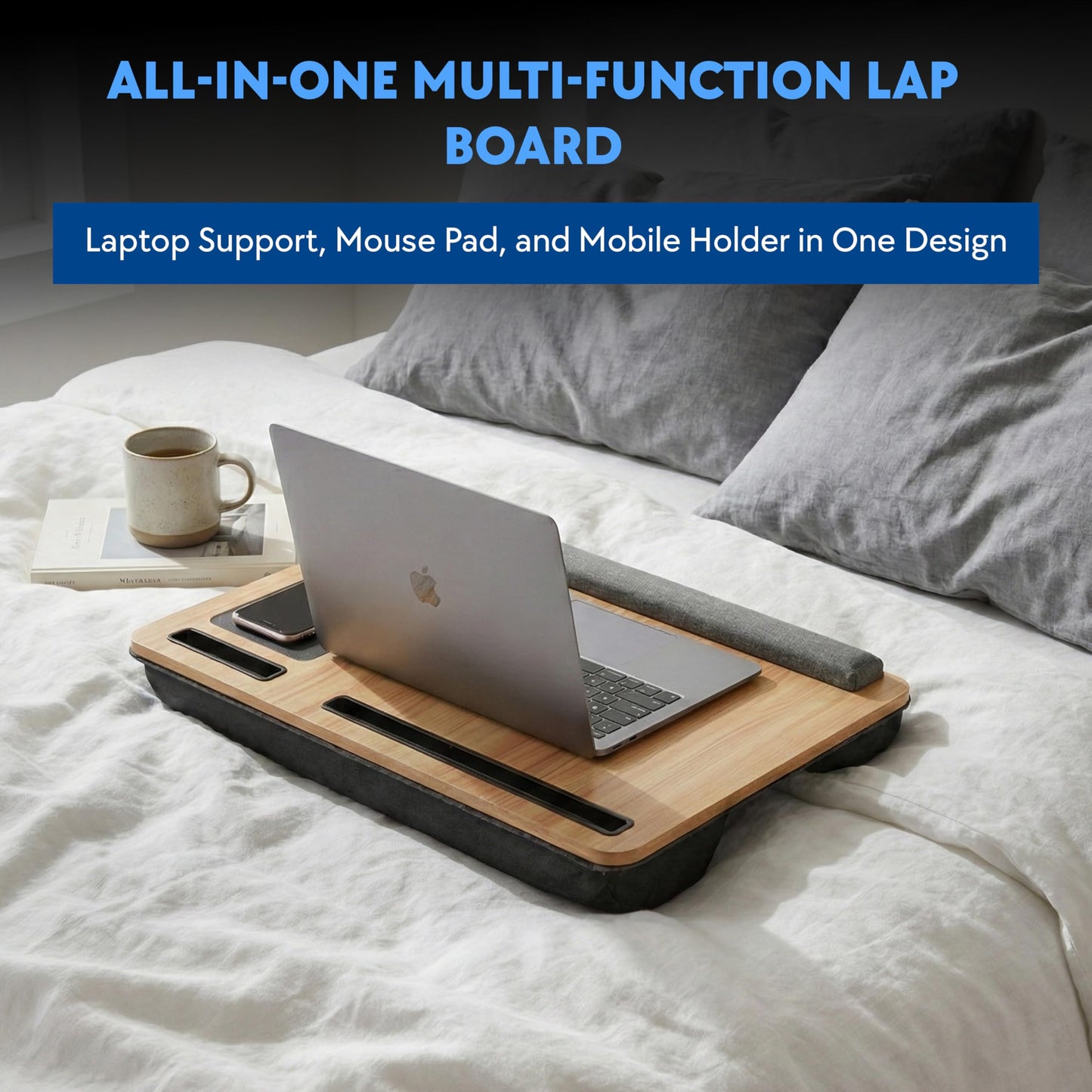 Lap Desk with Soft Cushion – Portable Laptop Desk for Bed, Couch & Home Office, Removable Mouse Pad & Anti-Slip Strip for 17 inch Laptop (Large, Wood and Black) (Black)