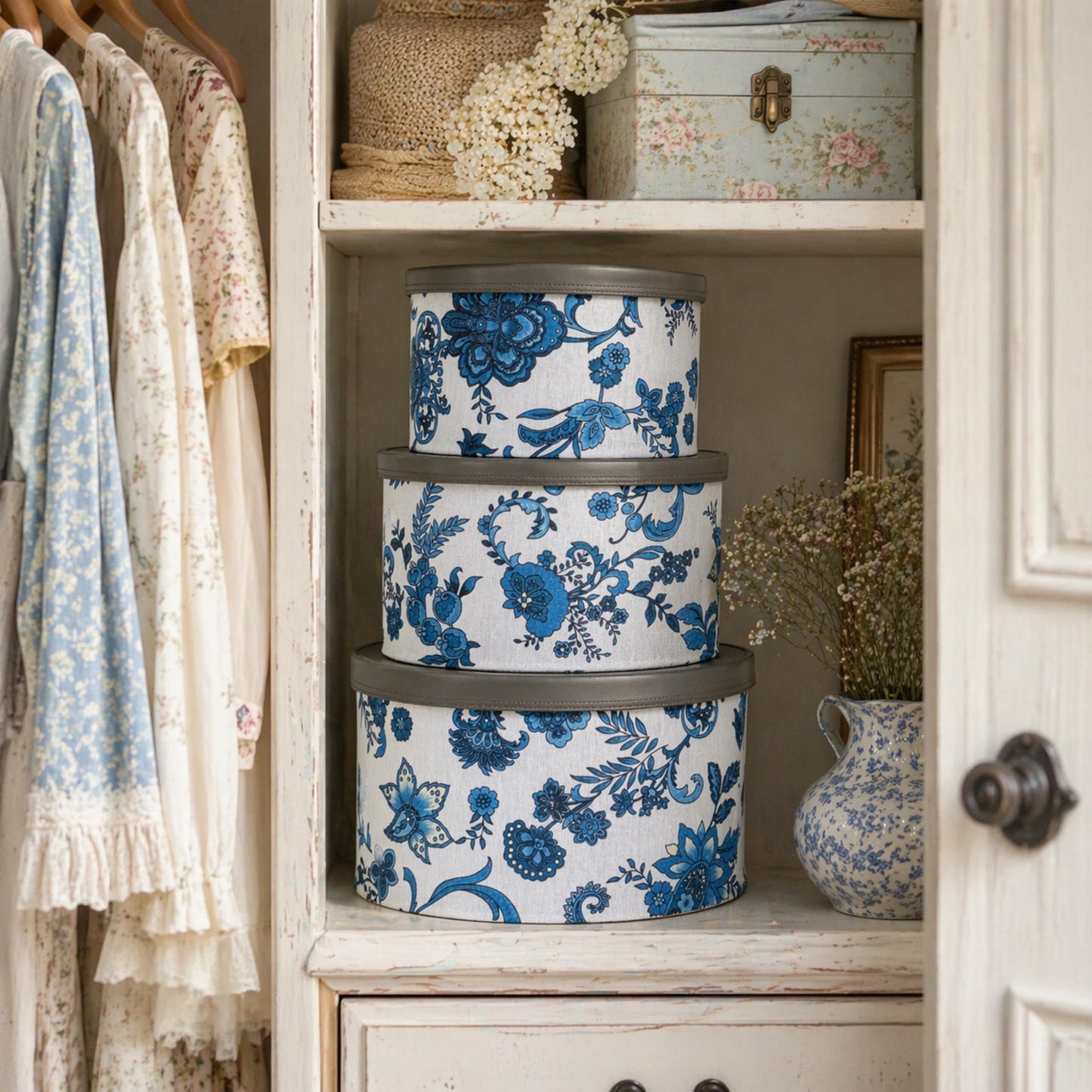 Household Essentials Floral Nestable Hat Boxes with Faux Leather Lids, Cream and Blue, Set of 3