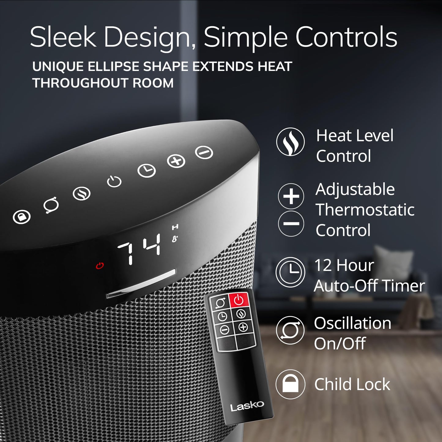 Lasko Ellipse Ceramic Tower Heater for Home with Tipover Switch, Child Lock, Digital Display, Thermostat, Wide Oscillation, Remote, Timer, For Bedroom, Office, Living Room, Den, 1500W, Black, CT18950
