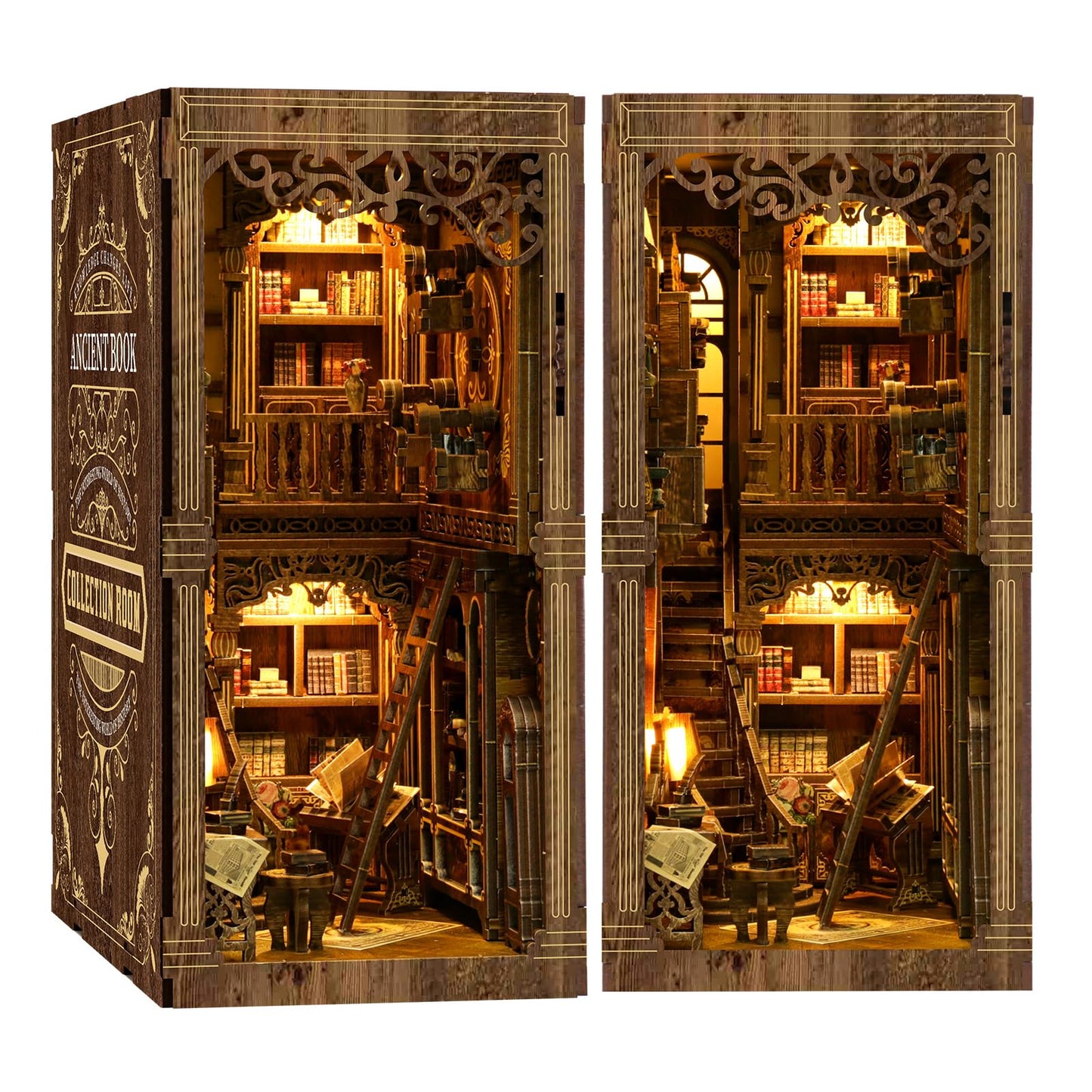 Book Nook Kit - DIY Miniature Dolls House Kit with Furniture and LED Light, 3D Puzzle Wooden Art Bookends, Model Kits for for Adults and Teens (Ancient Books)
