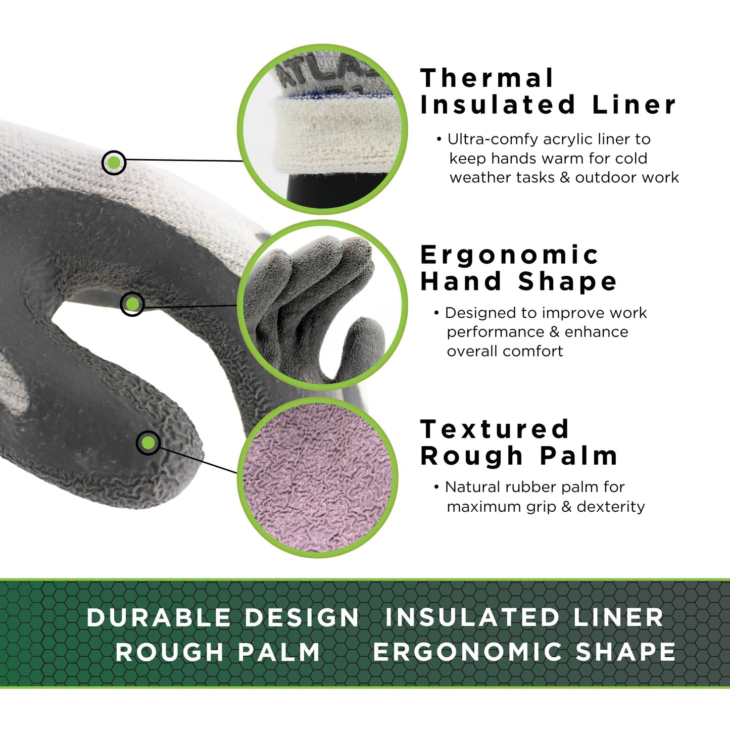 SHOWA Atlas 451 Natural Rubber Latex Palm Coated Insulated General Purpose Winter Work Glove with Poly Blend Liner, Large (12 Pair)