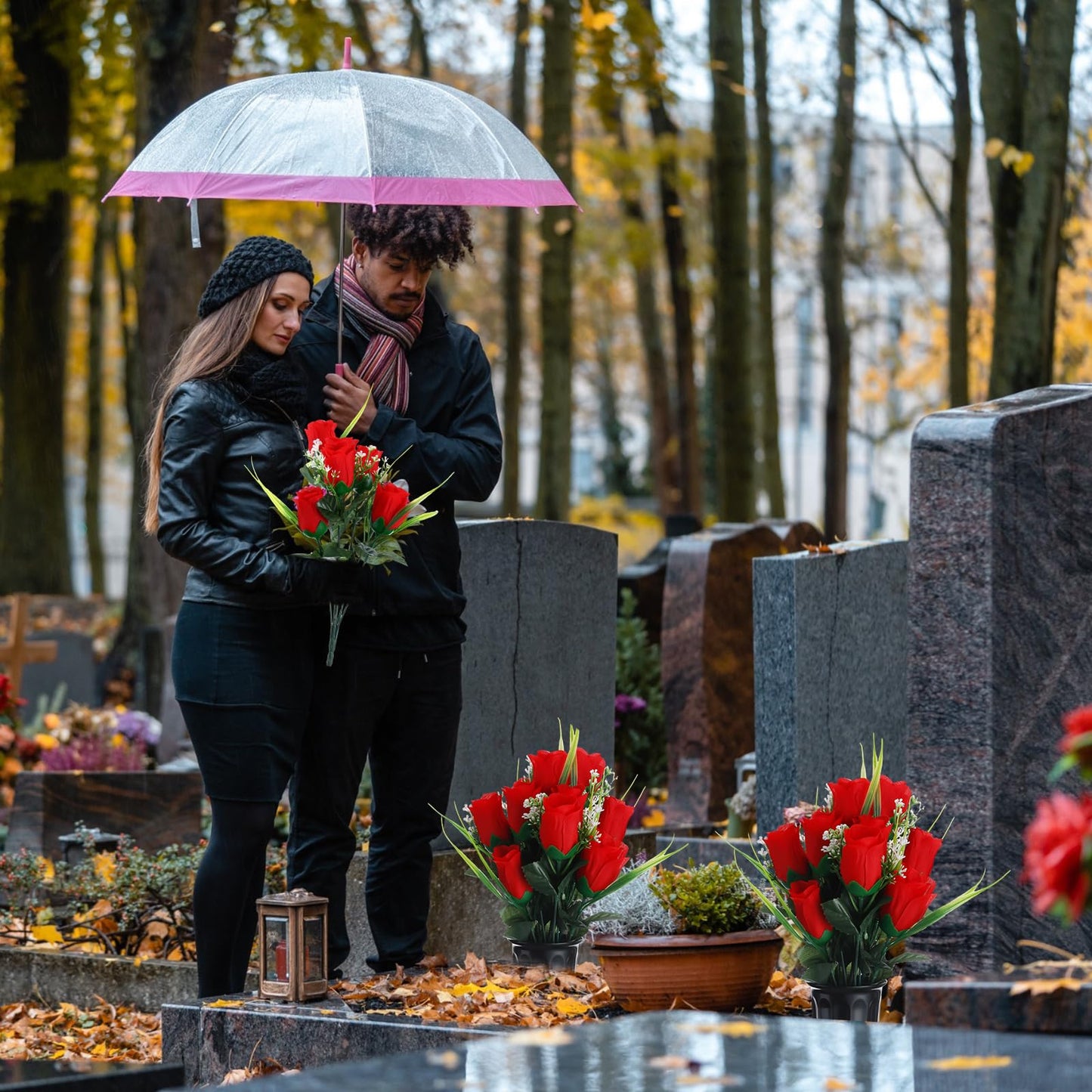 Tigeen 6 Sets Father's Day Cemetery Flowers with Grave Vase 12 Bunches Artificial Rose Memorial Bouquet 84 Heads Fake Silk Flower for Dad Gravesite Graveside Decor(Red)