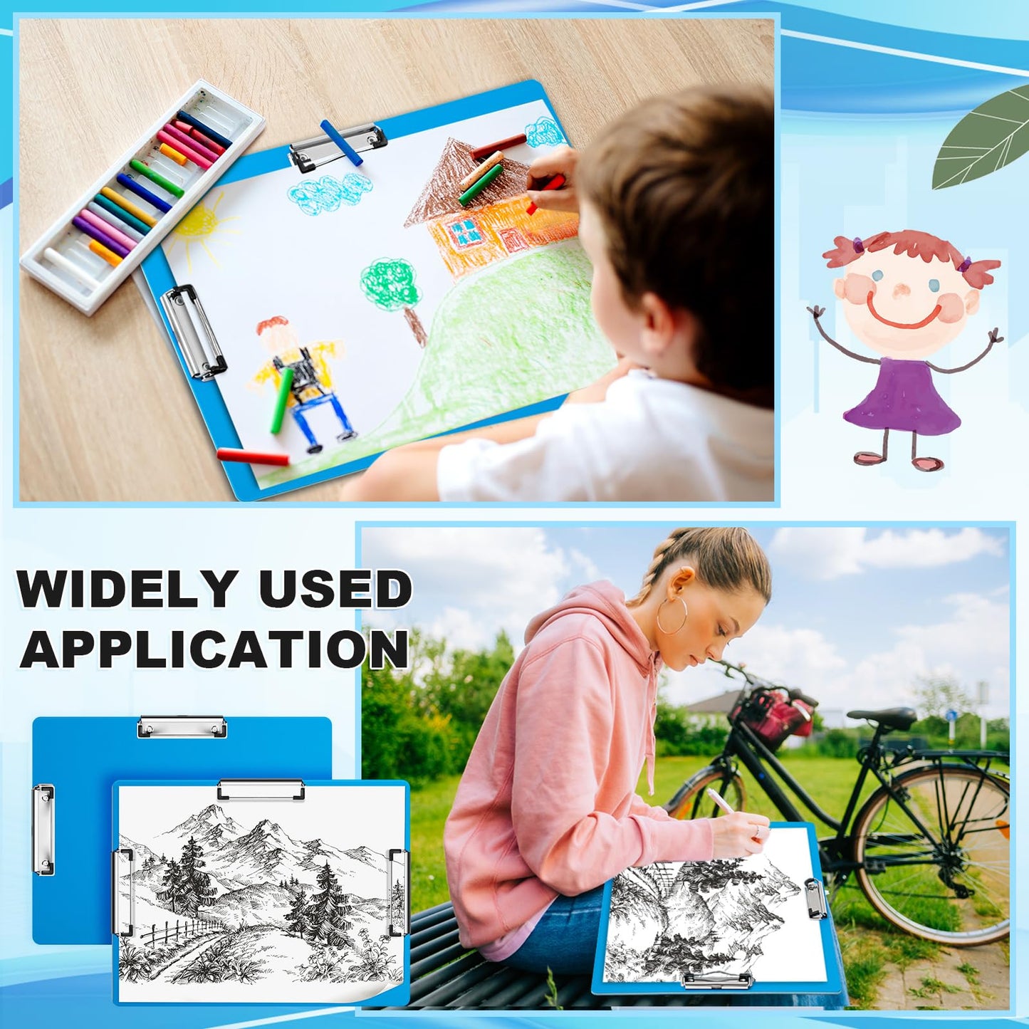 Tenceur 4 Pcs 11x17 Clipboard Three Clip Blue Extra Large Clipboard Horizontal Drawing Board 11 x 17 Inch Art Sketching Landscape Board for School Office Students Teachers Supplies