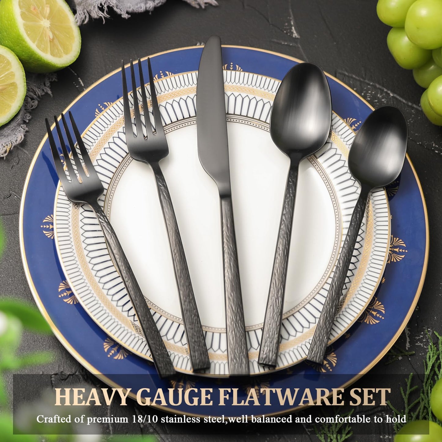 40-Piece Black Hammered Silverware Set for 8,Forged 18/10 Stainless Steel Flatware Set,Premium Food-Grade Cultery Set with Unique Ripple Design Handles ,Heavy Duty Tableware Set,Service for 8