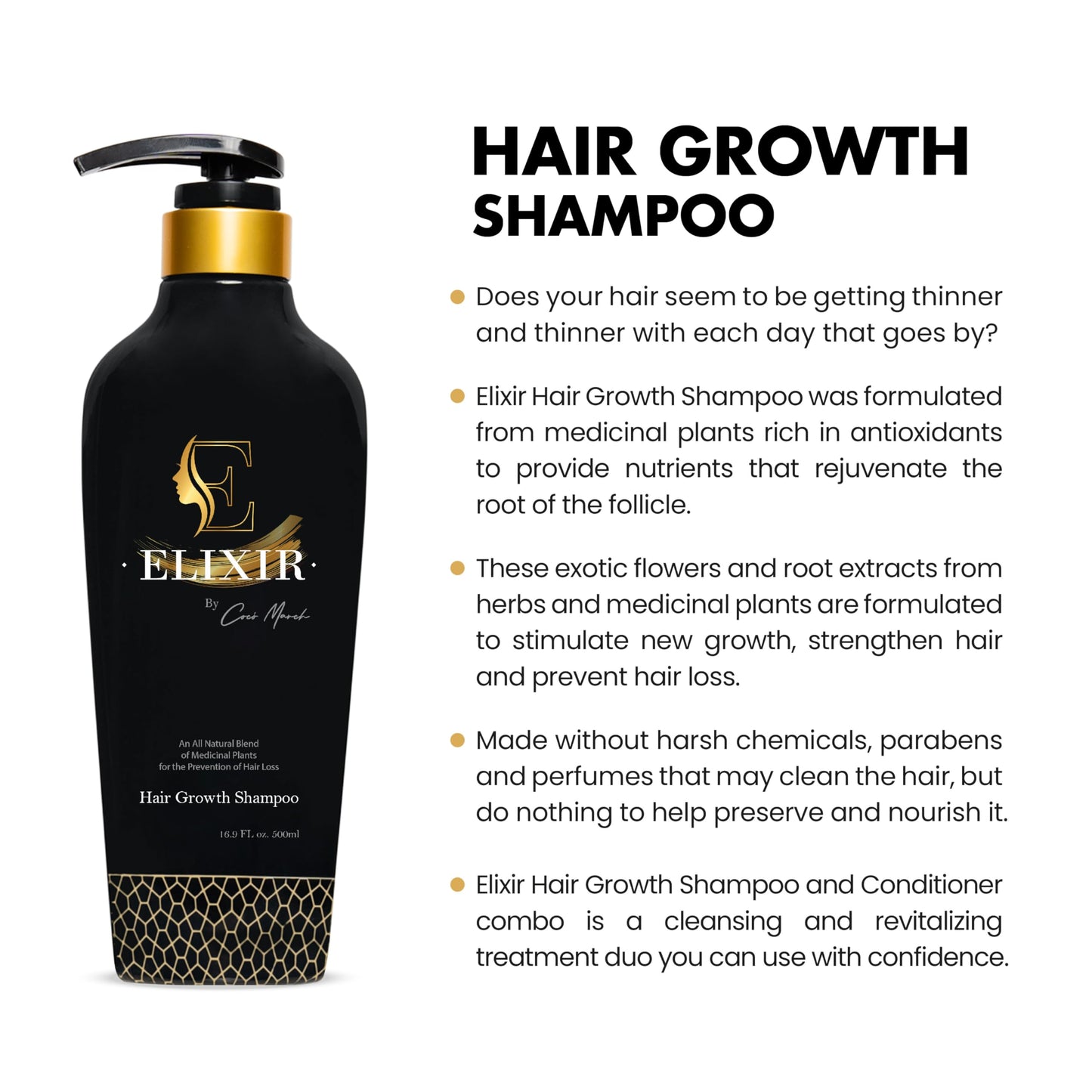 Elixir by Coco March Hair Growth Shampoo - Plant-Based Thinning Hair Formula for Thicker, Fuller Hair - Chemical-Free for Men and Women - 16.9 fl oz