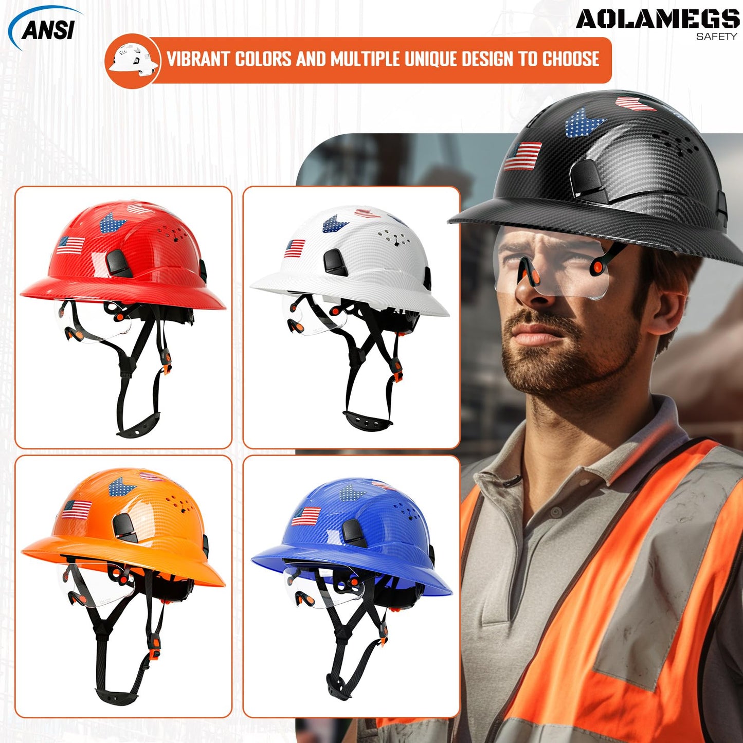 Aolamegs Safe Matte Black Carbon Fiber Pattern Full Brim Hard Hat with Visor - Vented Hard Hats Construction OSHA Approved for Men Adult, Reflective Safety Helmet with Chin Strap,6-Point Suspension