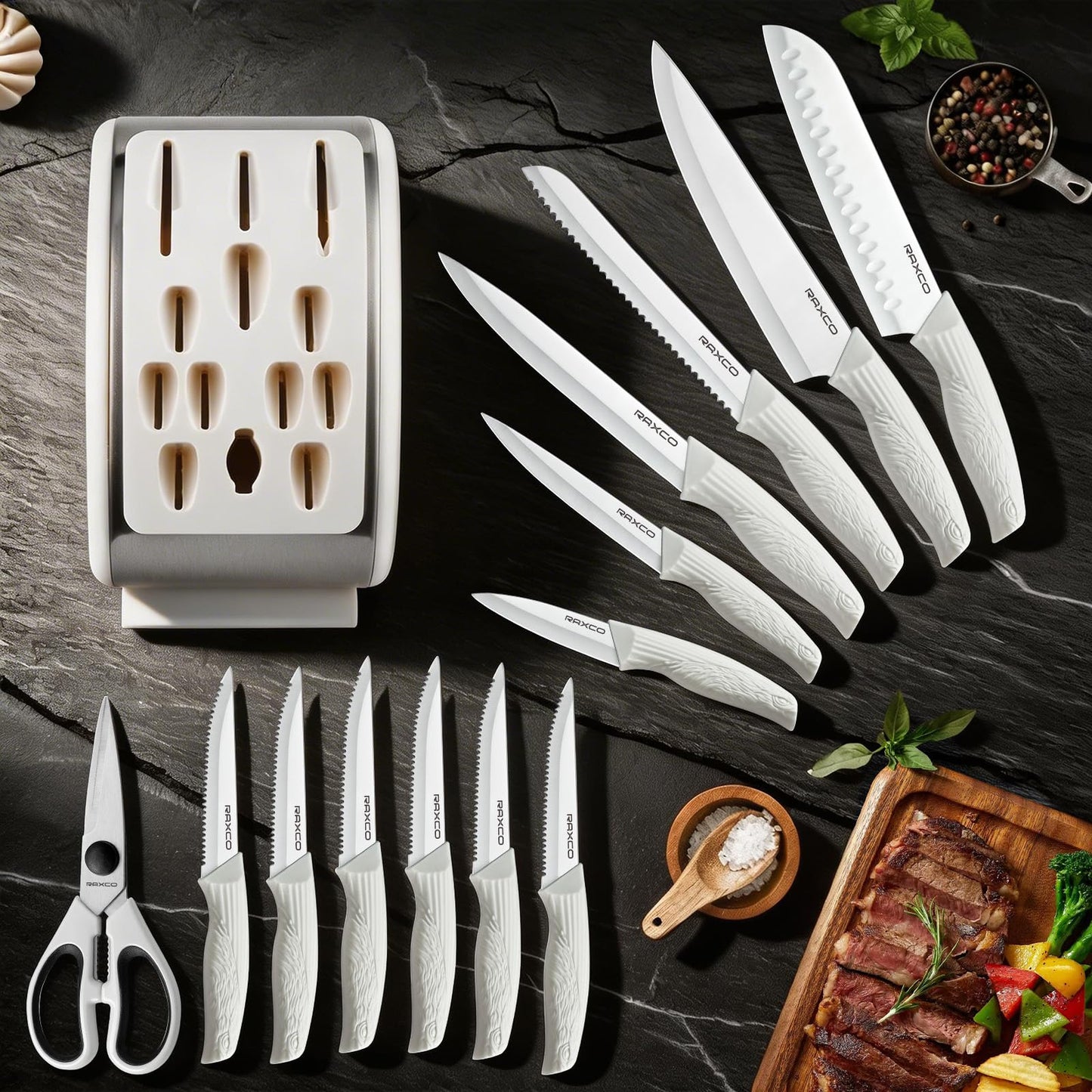 RAXCO 12-Piece Kitchen Knife Set with Block, White