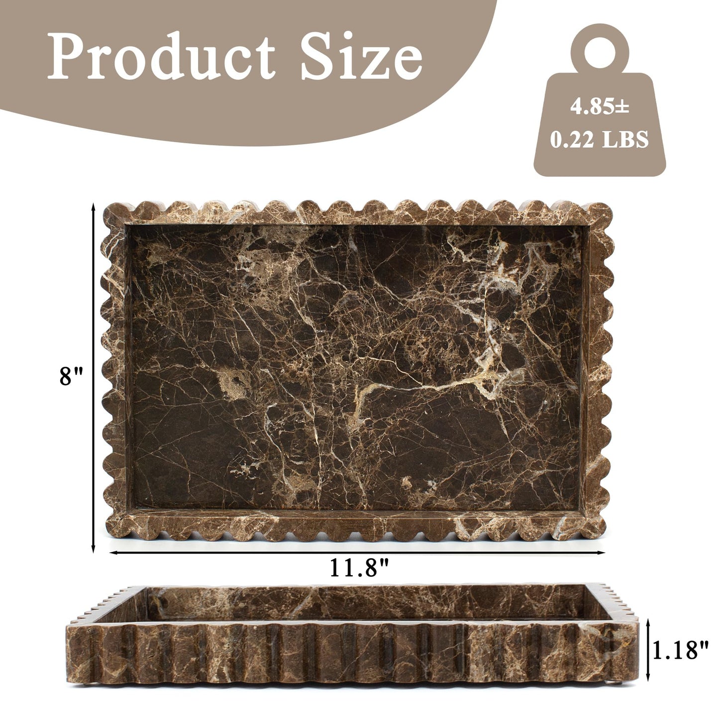 YMXYJM Natural Marble Tray for Bathroom, Real Stone Decorative Vanity Tray with Fluted Edge, Large Marble Serving Storage Tray for Kitchen Counter, Dresser, Home Decor, 11.8" x 8", Dark Brown