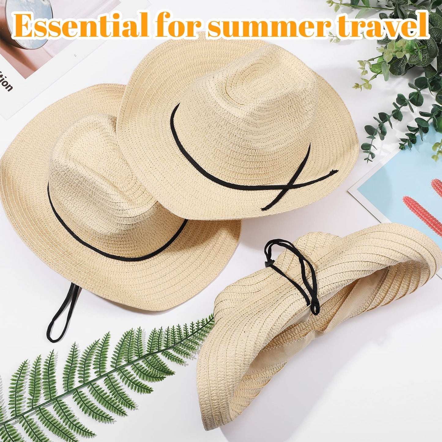 48 Pcs Kids Cowboy Hat Bulk Western Party Straw Cowboy Cowgirl Sun Hat Set with Lanyard for Children Boy Girl Party Costume Accessories