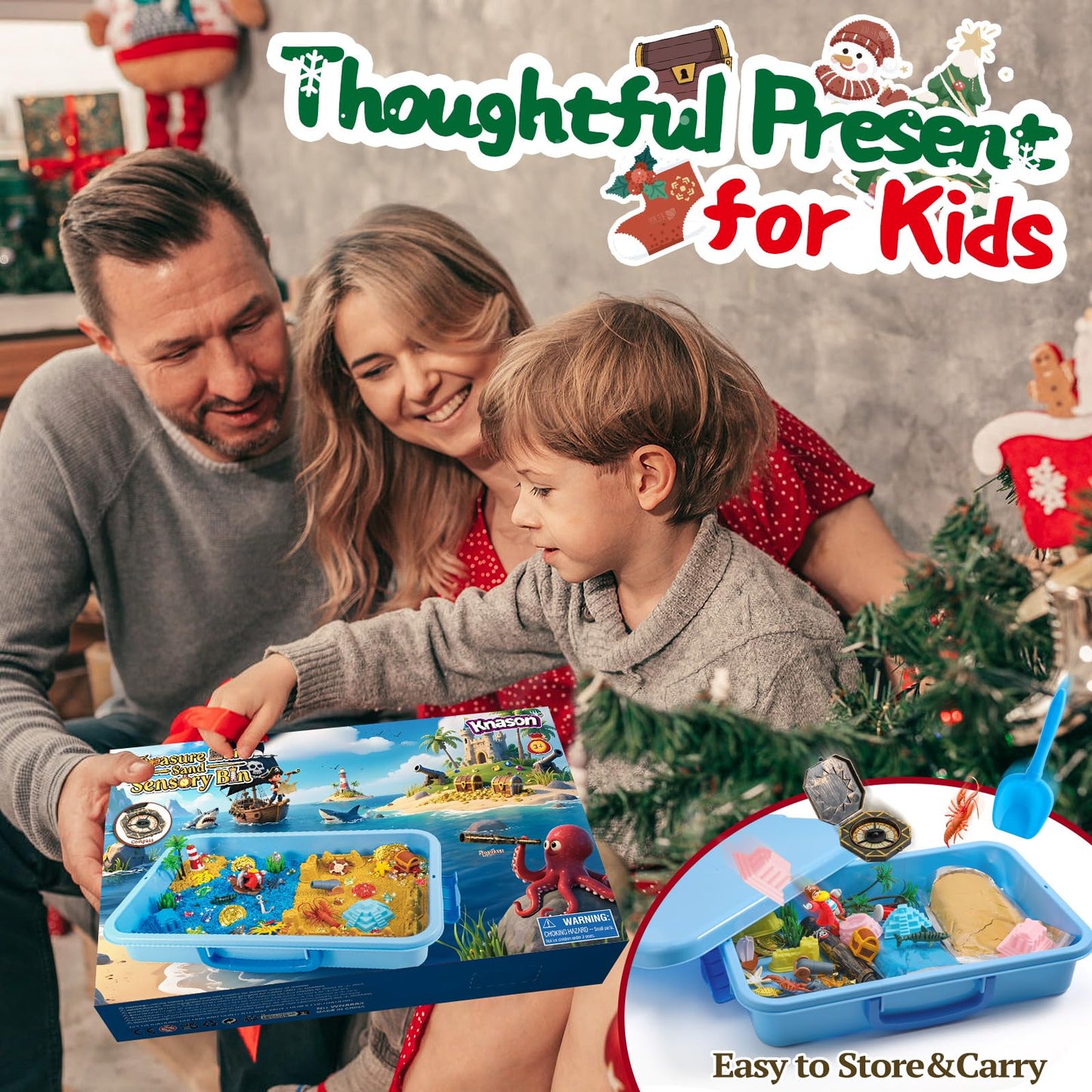 KNASON Pirate Treasure Chest Sensory Bin,Play Sand Kit for Boys with Pirate Accessories,1 KG Sand,Glow in The Dark Gems and Map,Pretend Play Adventure Sensory Toys for Toddlers Kids Ages 3 4 5 6 7 8