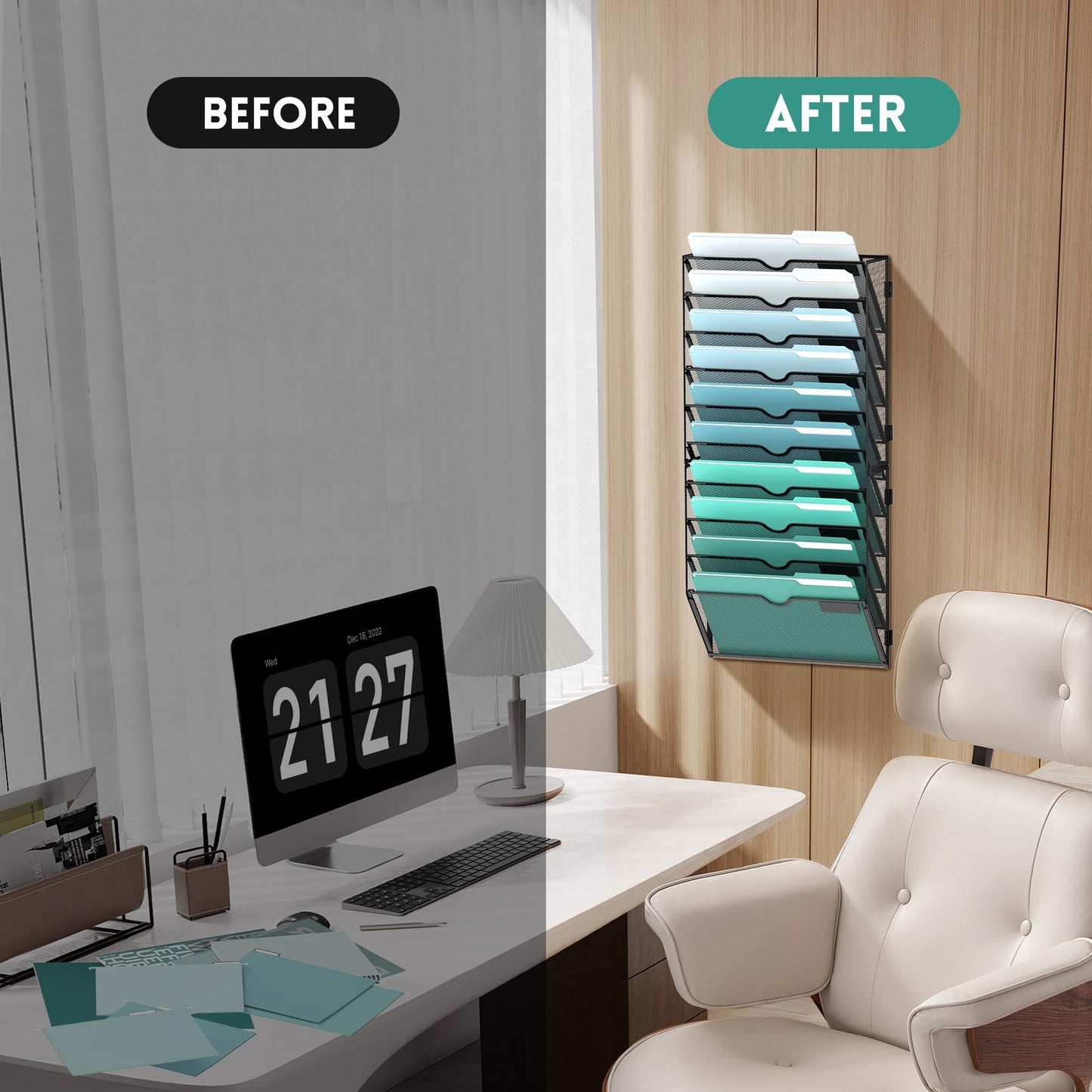 SUPEASY 10-Tier Wall File Organizer, Hanging Wall Files for Papers, Folders, Magazines, Wall Organizer for Clipboard, Assembly Needed, Black, 2 Pack